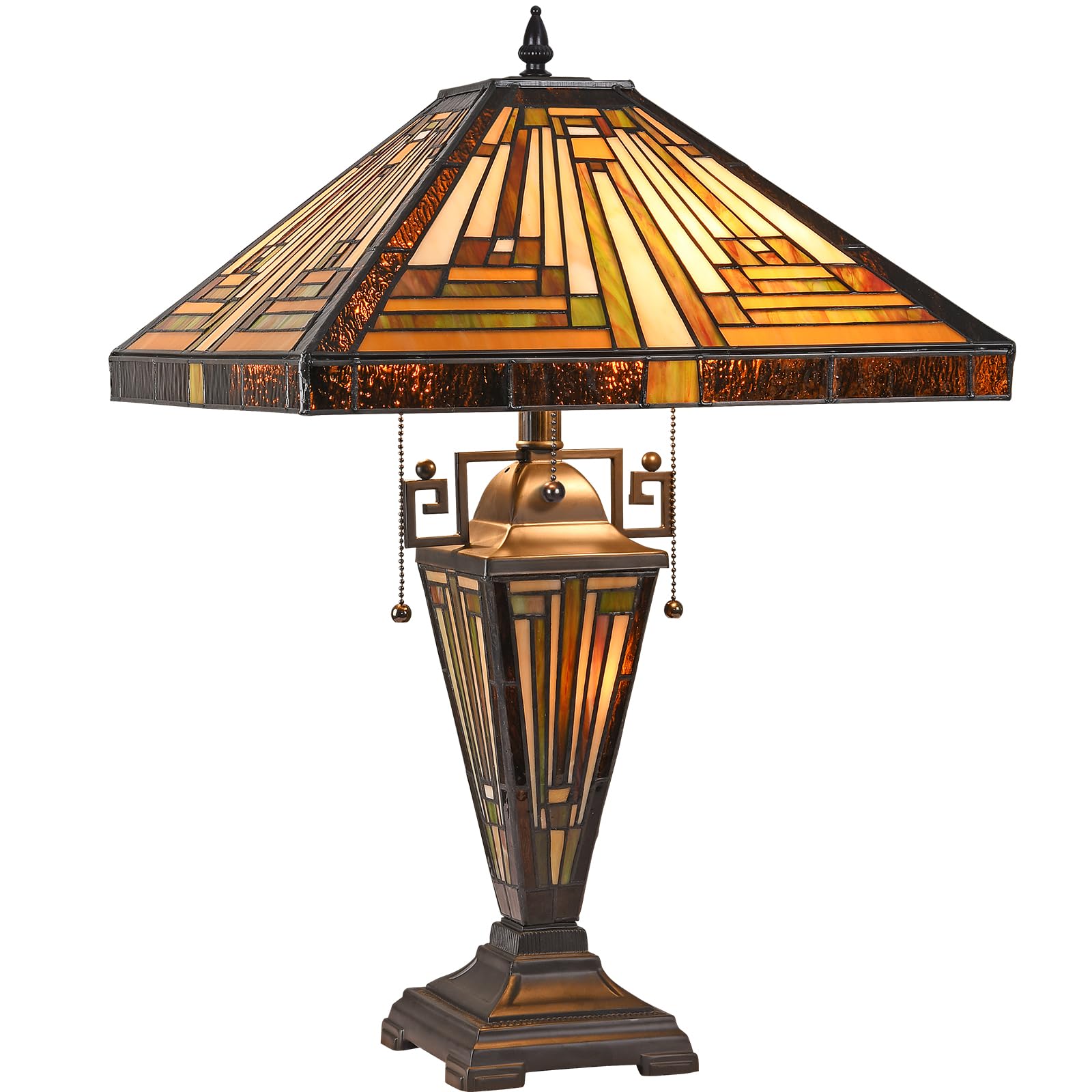 Capulina Tiffany Table Lamp Mother-Daughter Vase 3-Light, Amber Brown Mission Style Stained Glass 16X16X24 Inches Desk Reading Lamp For Living Room Bedroom Home Office
