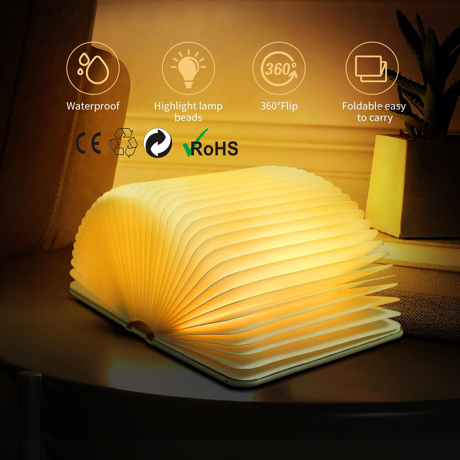 QXMGCBOK Folding Book Lamp - Rechargeable Color Changing Lizard Embossed Mood Light, Large Size, White/Warm Yellow/Purple