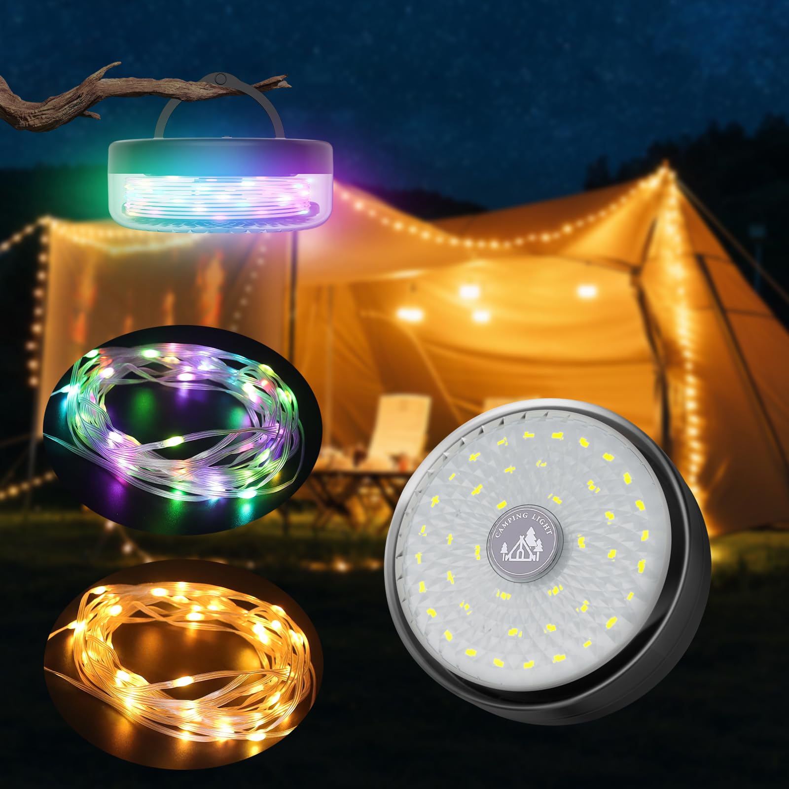 KEIWRLIGHT Camping String Lights 32.8FT, 14 Lighting Modes, IP44 Waterproof, 4000mAh Battery, Black, Model JSK-L21