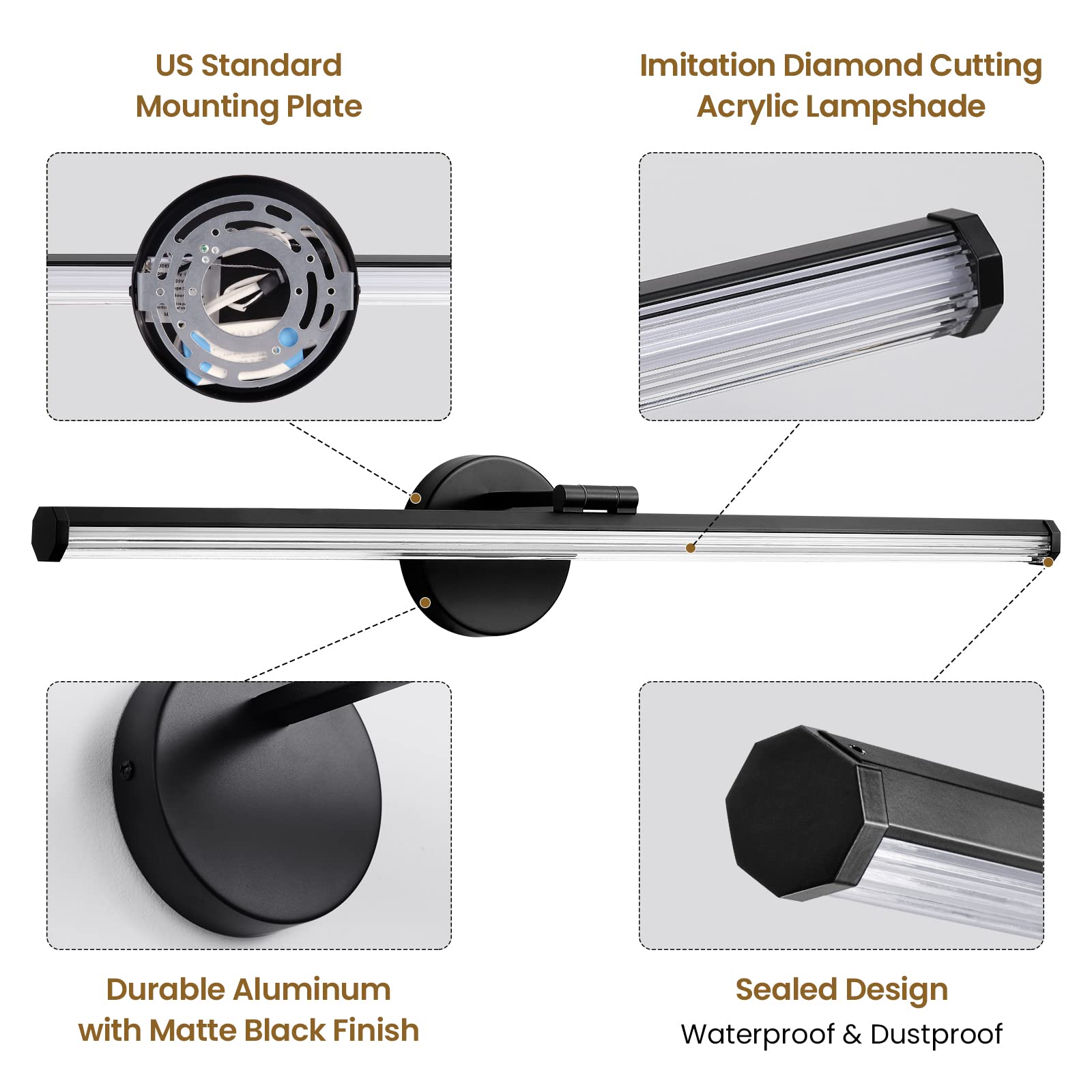 KAISITE 30 Inch Black Bathroom Vanity Light Fixture - Dimmable LED 24W 4000K Rotatable Light Bar, Model 8037ML-24BK-US