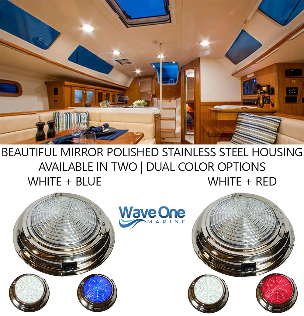 Wave One Marine Dual Color 7'' Led Boat Dome Light 12V Rv | Stainless Housing | Ceiling Cabin Room Surface Mount | Built In Rock