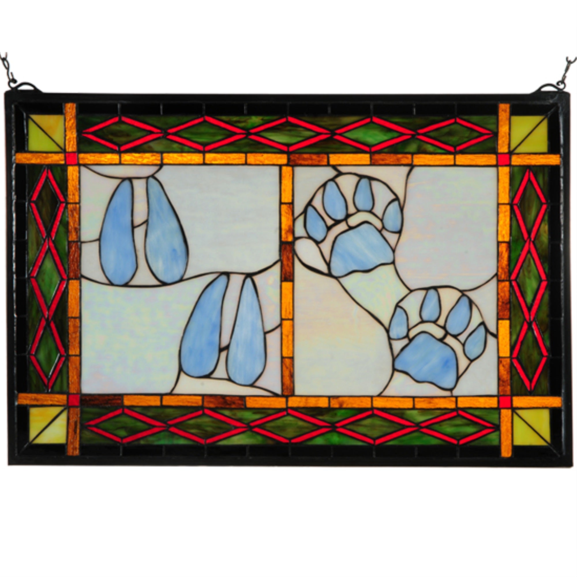 26.5 inchW X 17.5 inchH Deer & Cougar Tracks Stained Glass Window