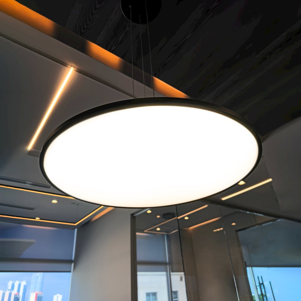 Integrated Led Pendant Light Height Adjustable Disc Chandelier In Black