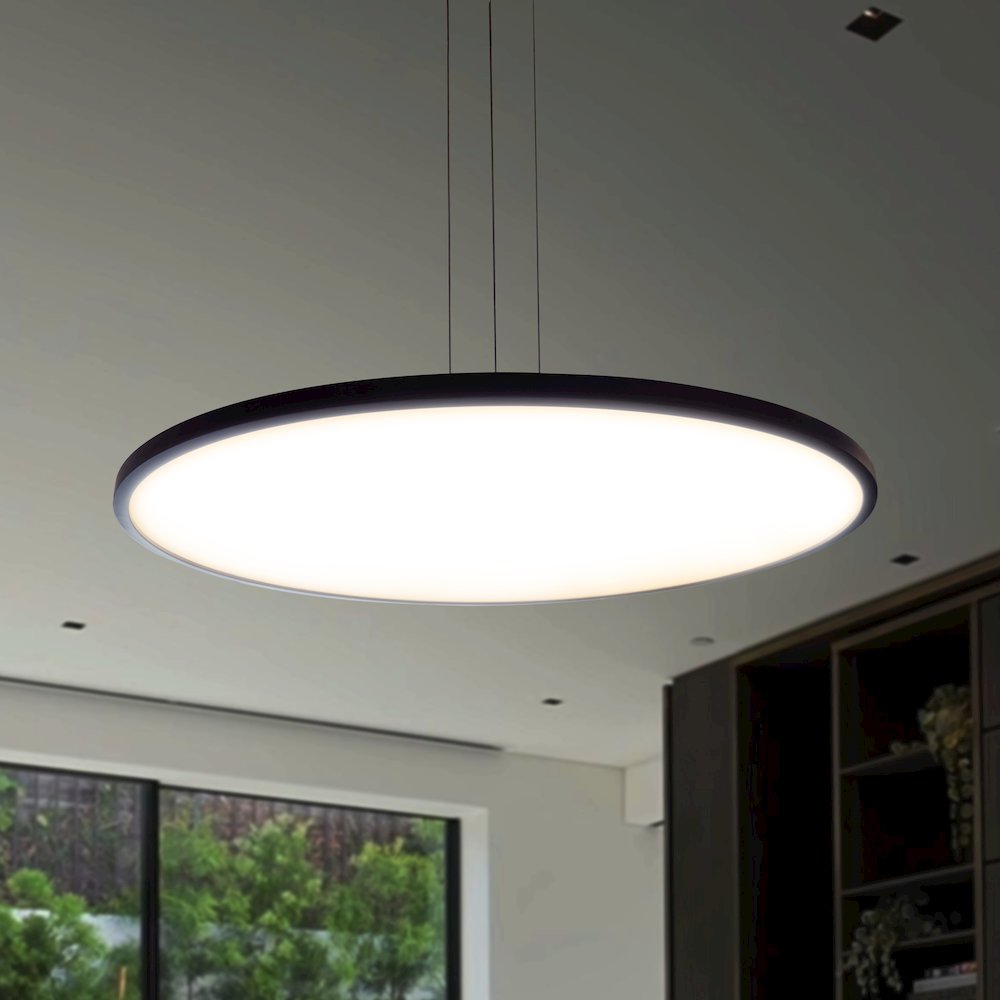 Integrated Led Pendant Light Height Adjustable Disc Chandelier In Black