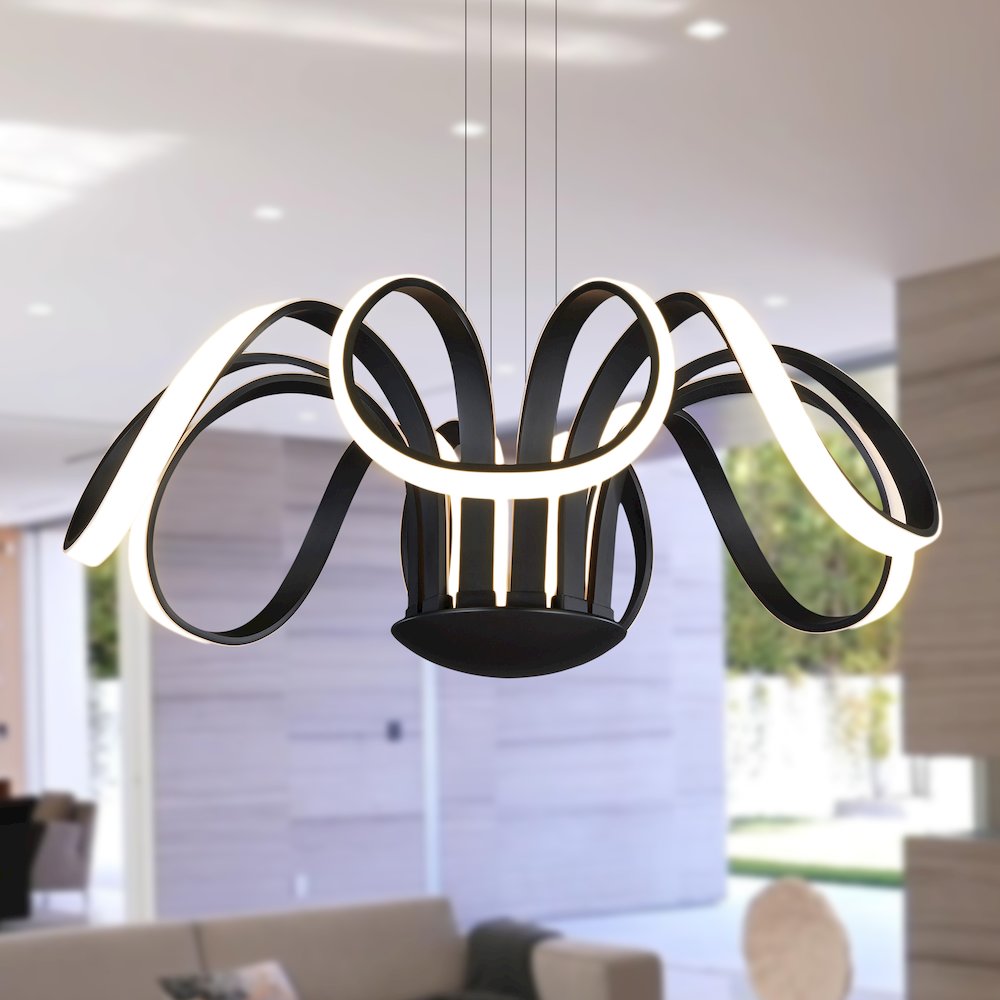 Integrated Led Chandelier Height Adjustable Flower-Petal Pendant Light In Black