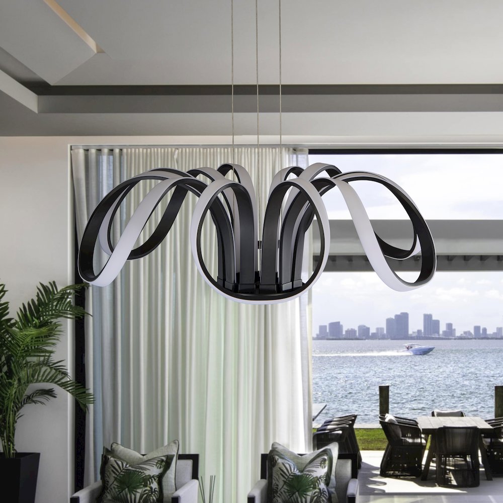 Integrated Led Chandelier Height Adjustable Flower-Petal Pendant Light In Black