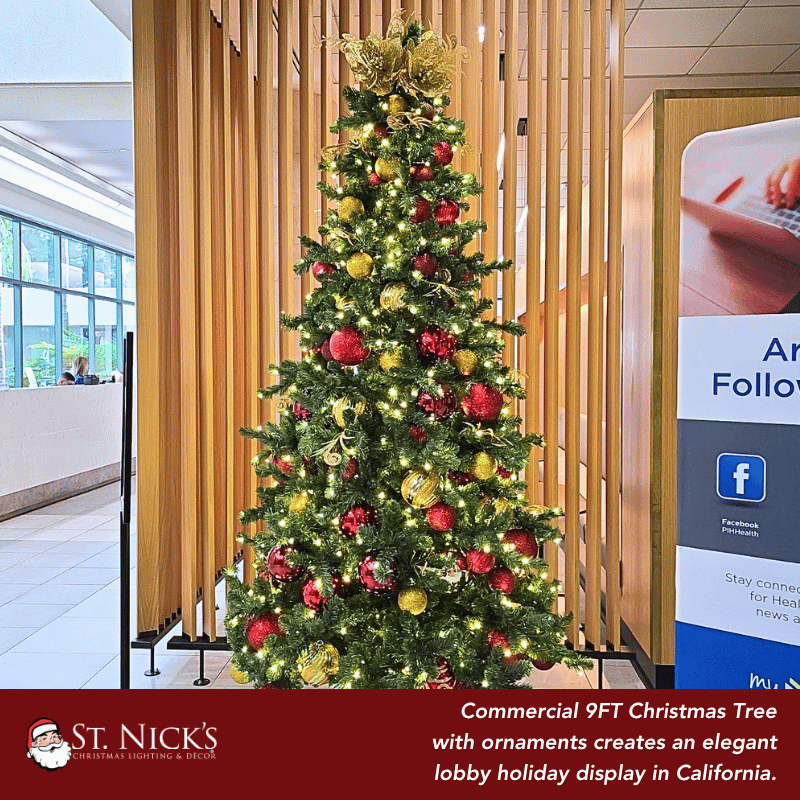 9FT Artificial Christmas Tree PVC Pre-Decorated Red Burgundy Gold Ornaments with Warm White Lights