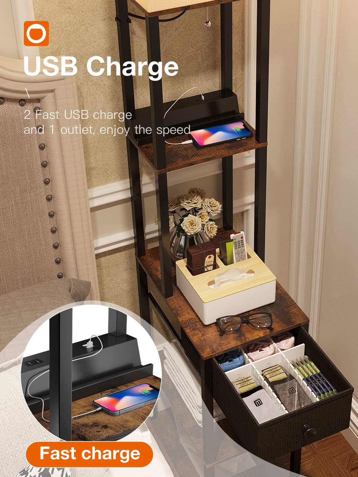 Addlon Floor Lamp With 2 Usb, 1 Outlet And Drawer, 3 Color Temperatures Led Bulb (9W), Sofa Lamp With White Lampshade, Display F