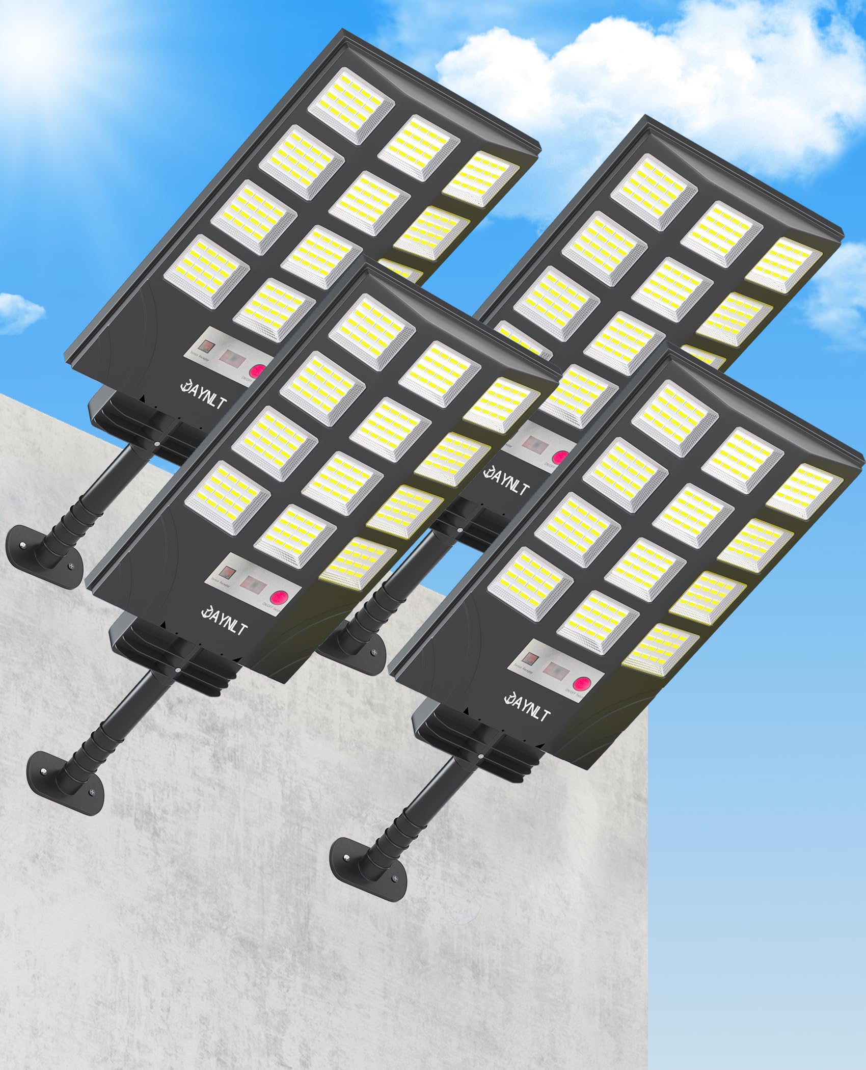JAYNLT Solar Flood Security Light, 5 Lighting Modes, Motion Sensor, Dusk to Dawn, 6500K, 4-Pack, Black, Model Y-12T-4P
