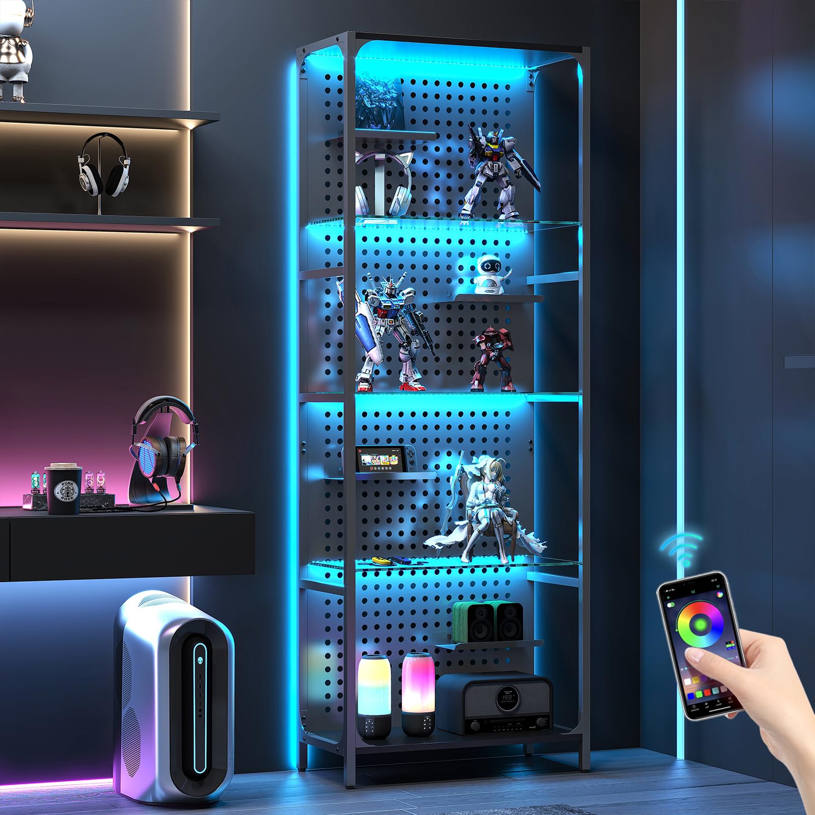 Saudism Glass Display Shelf for Collectibles, LED Black Narrow Shelf with Pegboard Steel Frame, Lighted Tall Curio Cabinet for G