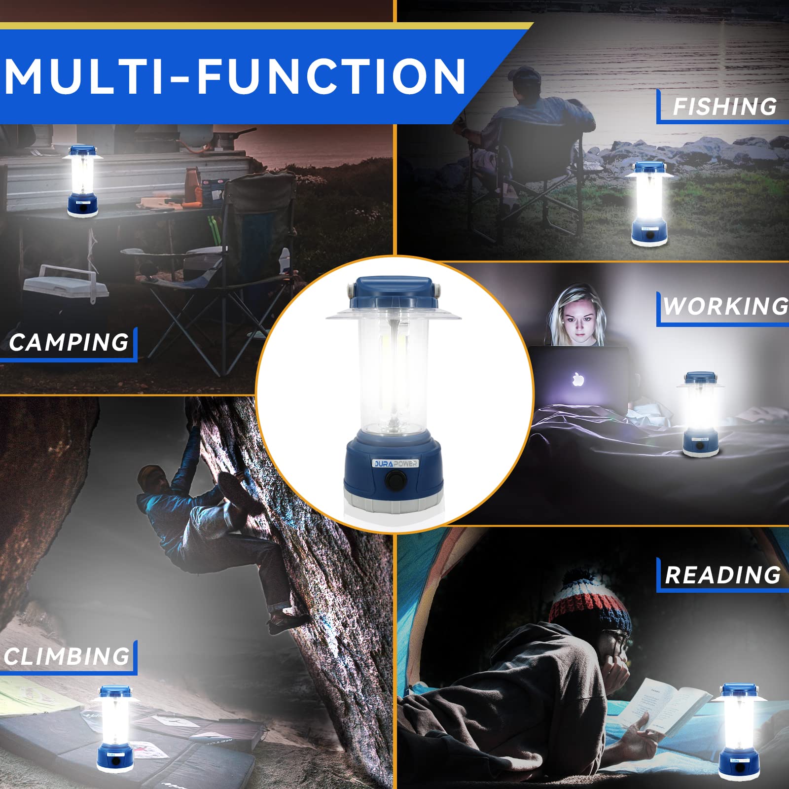 Durapower LED Camping Lantern 2000 Lumen, Rechargeable, 5 Modes, 4000 mAh, IP44 Waterproof, Blue, Model AM20-1363