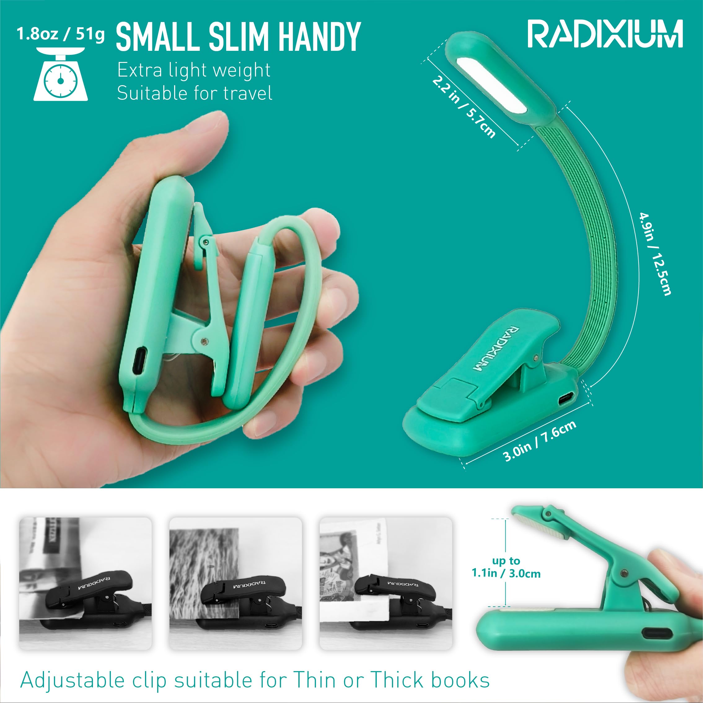 Radixium Rechargeable Book Reading Light At Night In Bed, Eye Caring 9 Led With 9 Color Temperatures, Stepless Dimming Brightnes