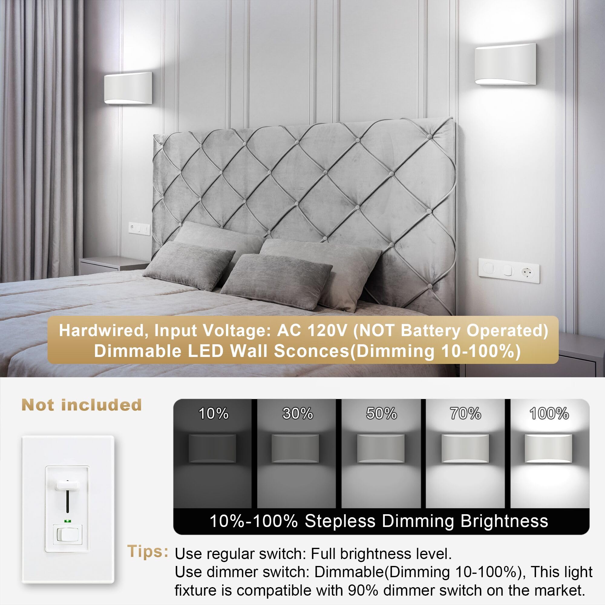 Trlife Dimmable Wall Sconces, 3000K/4000K/6000K Selectable Modern Wall Sconce 12W Led Aluminum Wall Mounted Light Set Of 2 Hardw