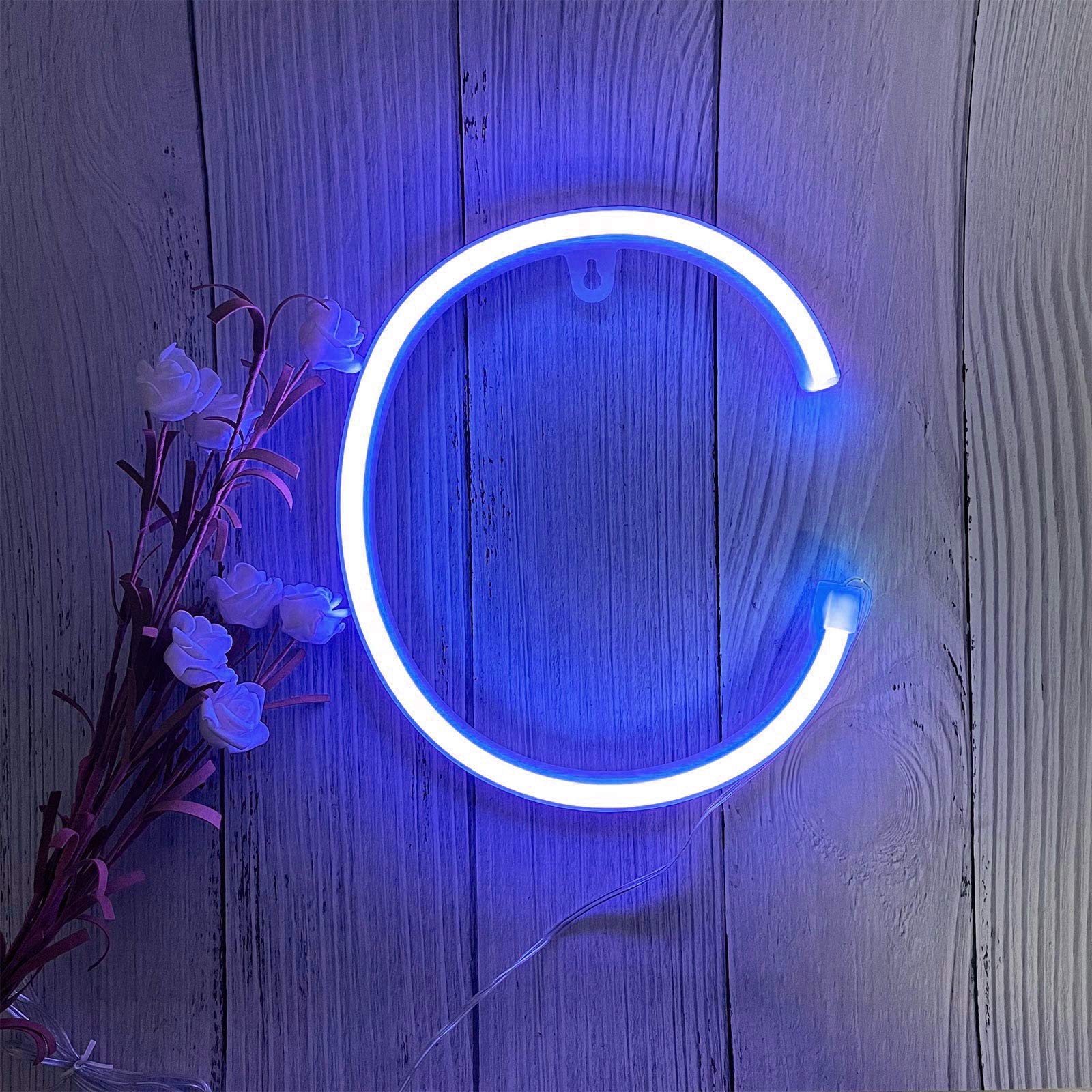 ENUOLI LED Blue Neon Letter Night Light, USB/Battery Operated, Model nNH.C-B, Decorative Wall Decor for Kids Room and Parties
