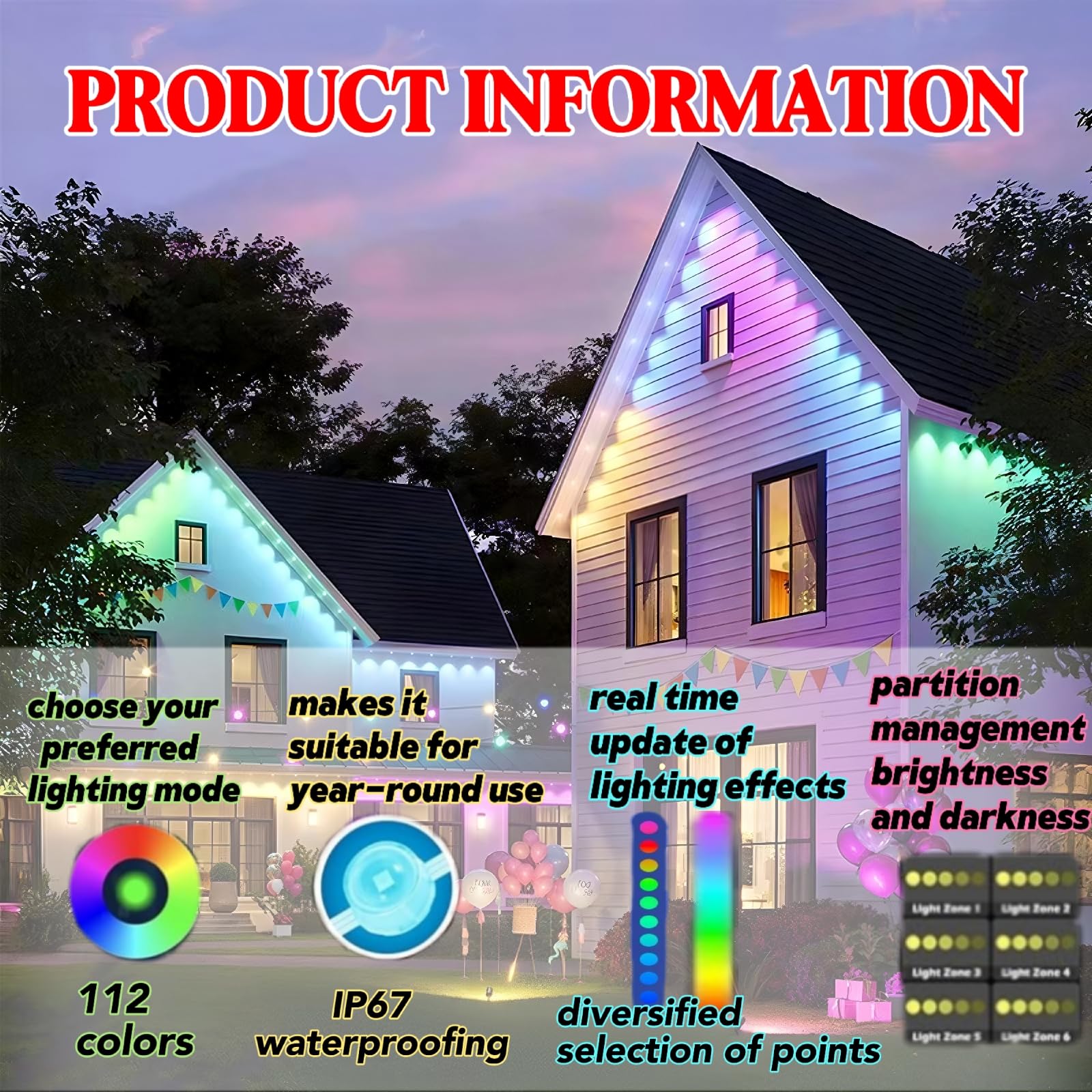 BWZYdy RGB Outdoor LED Eaves Lights, 100FT IP67 Waterproof, Smart App/Remote Control, 112 Color Combinations, Model Light001
