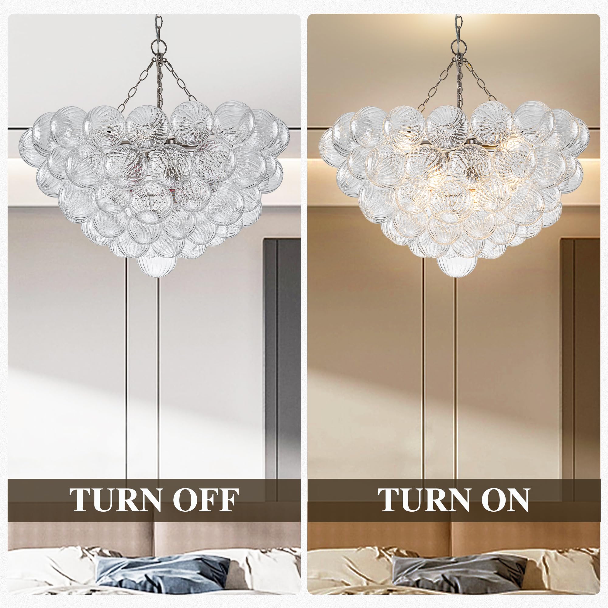 Beypan Bubble Ball Glass Chandelier Brushed Nickle 32'' Dia Clear Swirled Globe Pendant Light Fixture For Dining Room Table Rest