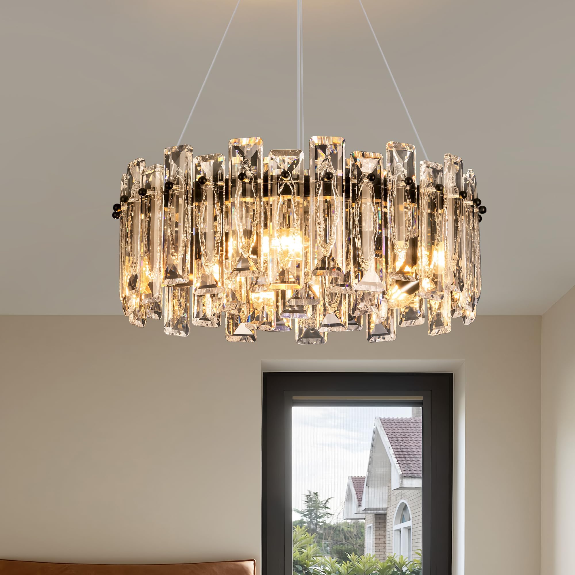 Puvaue Modern Elegant K9 Crystal Chandelier 5-Lights Round Pendant Light Easy Install Ceiling Hanging Light Fixture for Dining Living Room Kitchen Island Entryway Foyer D15.8 Black