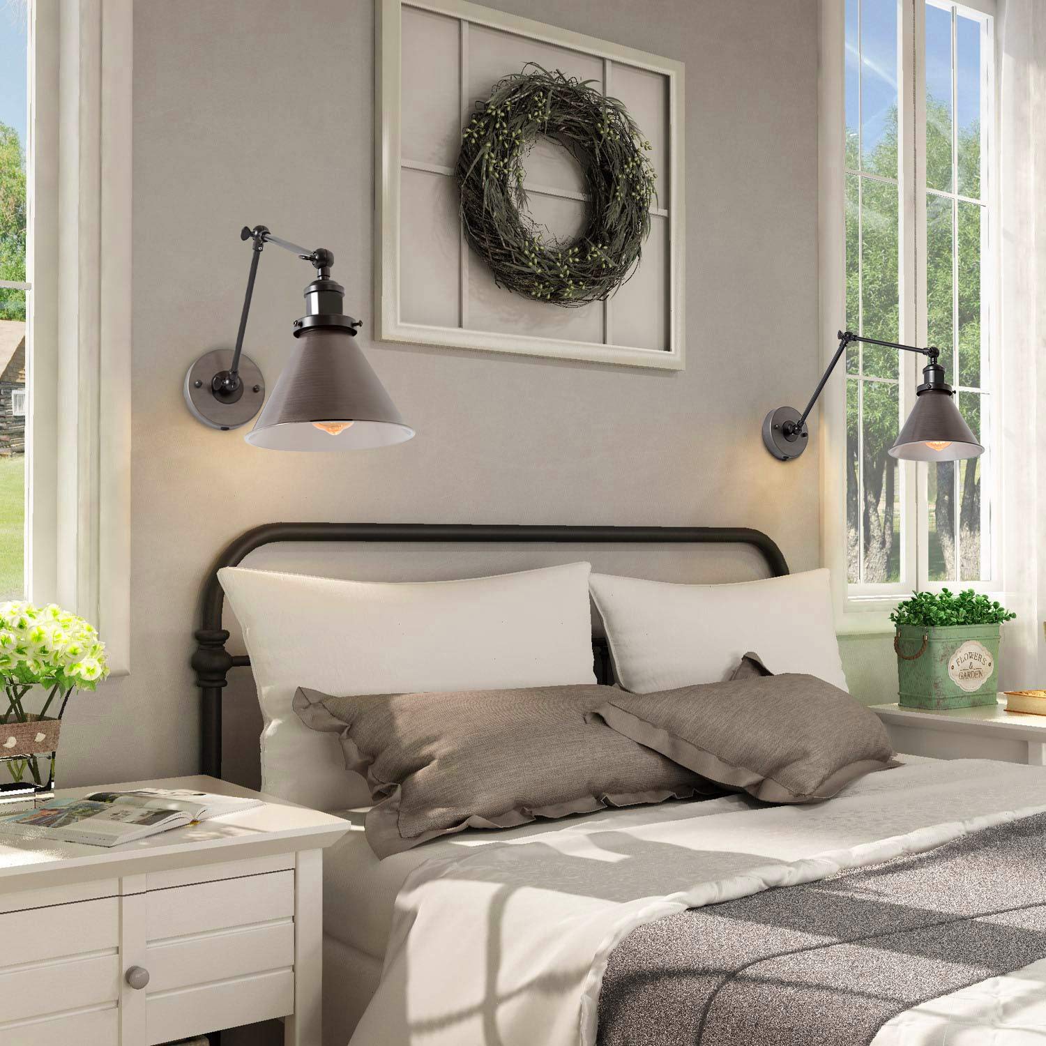 Lnc Swing Arm Wall Lamp Adjustable Hardwired Or Plug-In Sconces Lighting, (Brushed Dark Silver)