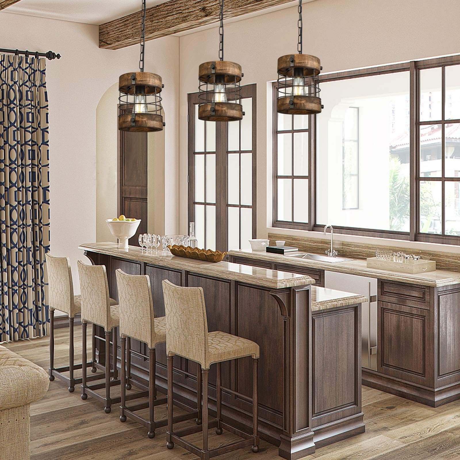 Wochos Retro Industrial Metal And Wood Chandelier 1-Light Round Cage Pendant Light Fixture For Kitchen Island Foyer Hallway Bar Dining Room Restaurant, D 7.9" X H 8.7" (Brown)