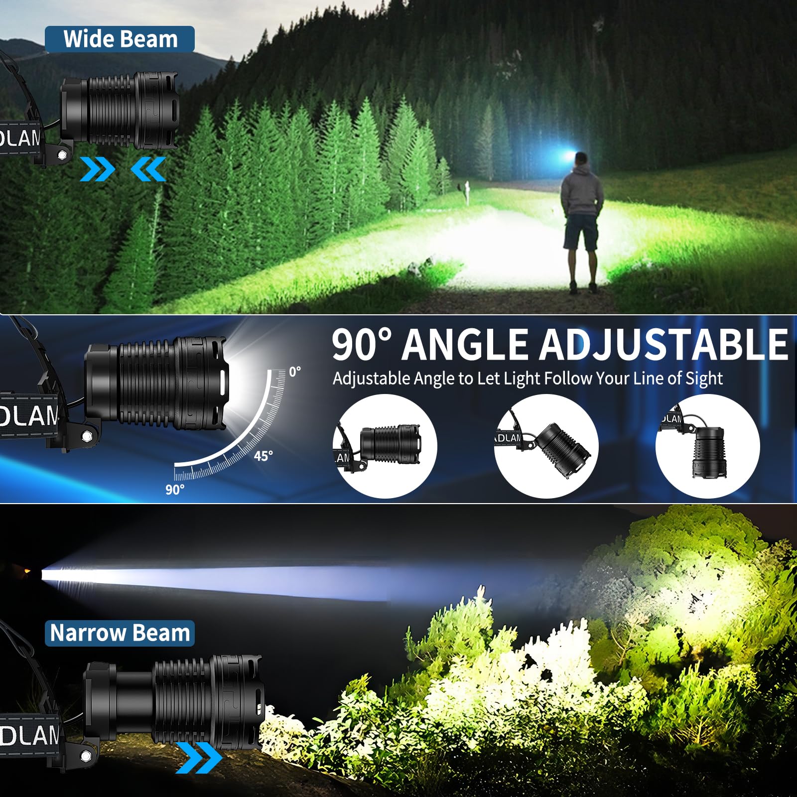 Cinlinso Rechargeable Headlamp 99,000 Lumens, 4 Modes, 90° Adjustable, IPX6 Waterproof, Black, Model P70-160, 2 Pack
