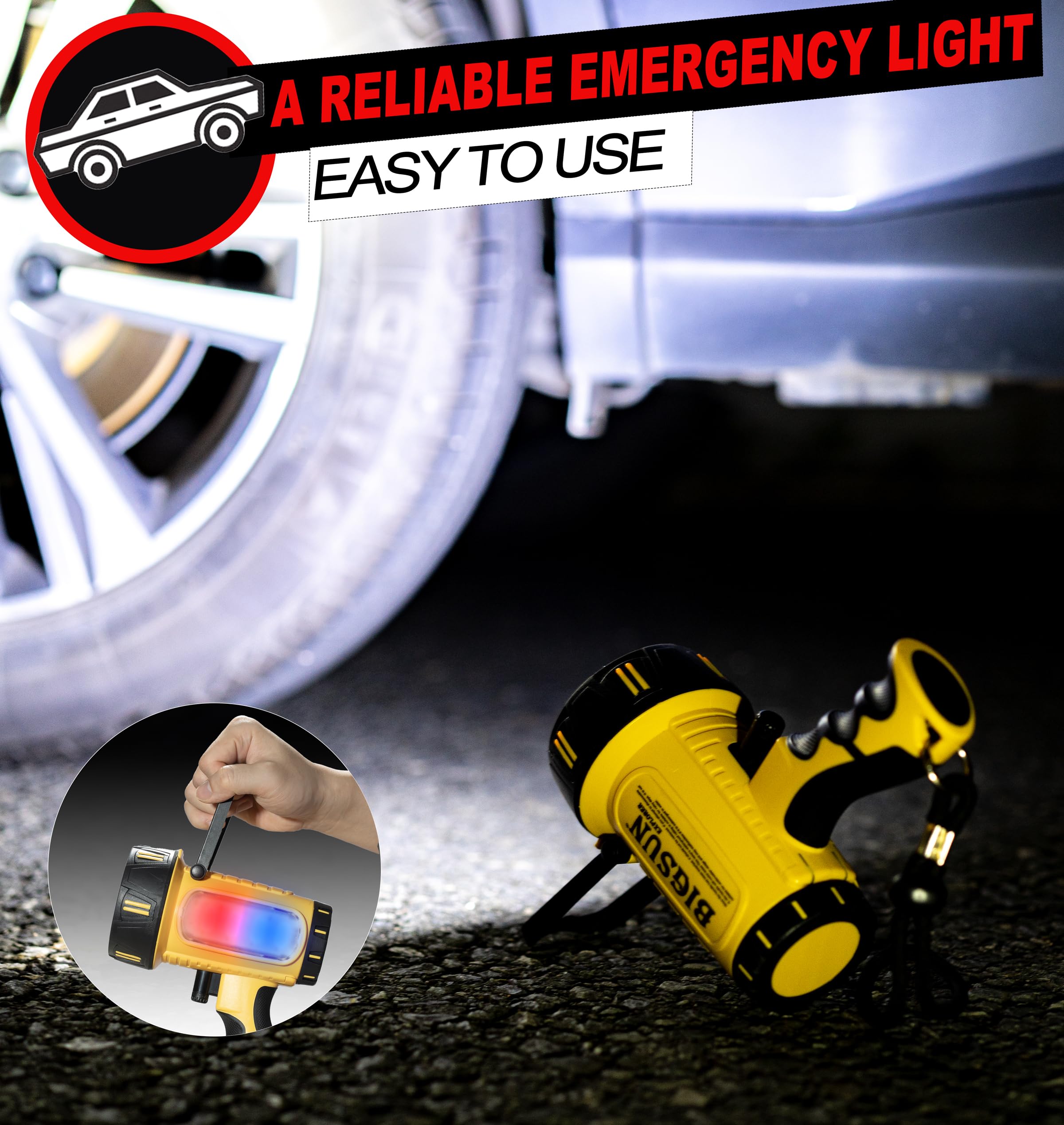 Bigsun E1 Rechargeable Spotlight, 1000000 Lumens Led Flashlight,Side 50W Work Lamp With Stand,10000Mah Battery, Ip55 Water-Resis