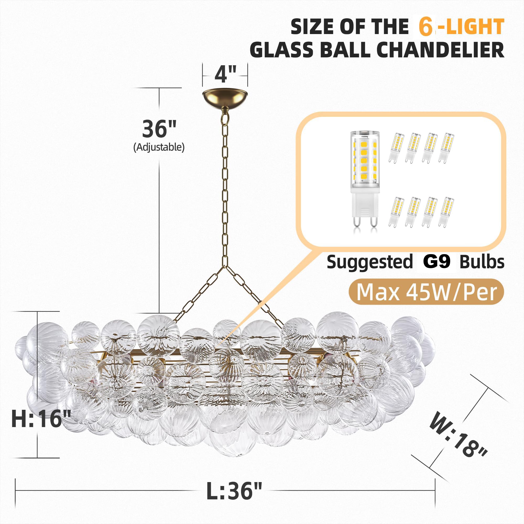 Nordic Bubble Ball Swirled Glass Chandelier, 36'' Long Gold And Clear Blown Glass Large Pendant Light Fixture For Bedroom Study