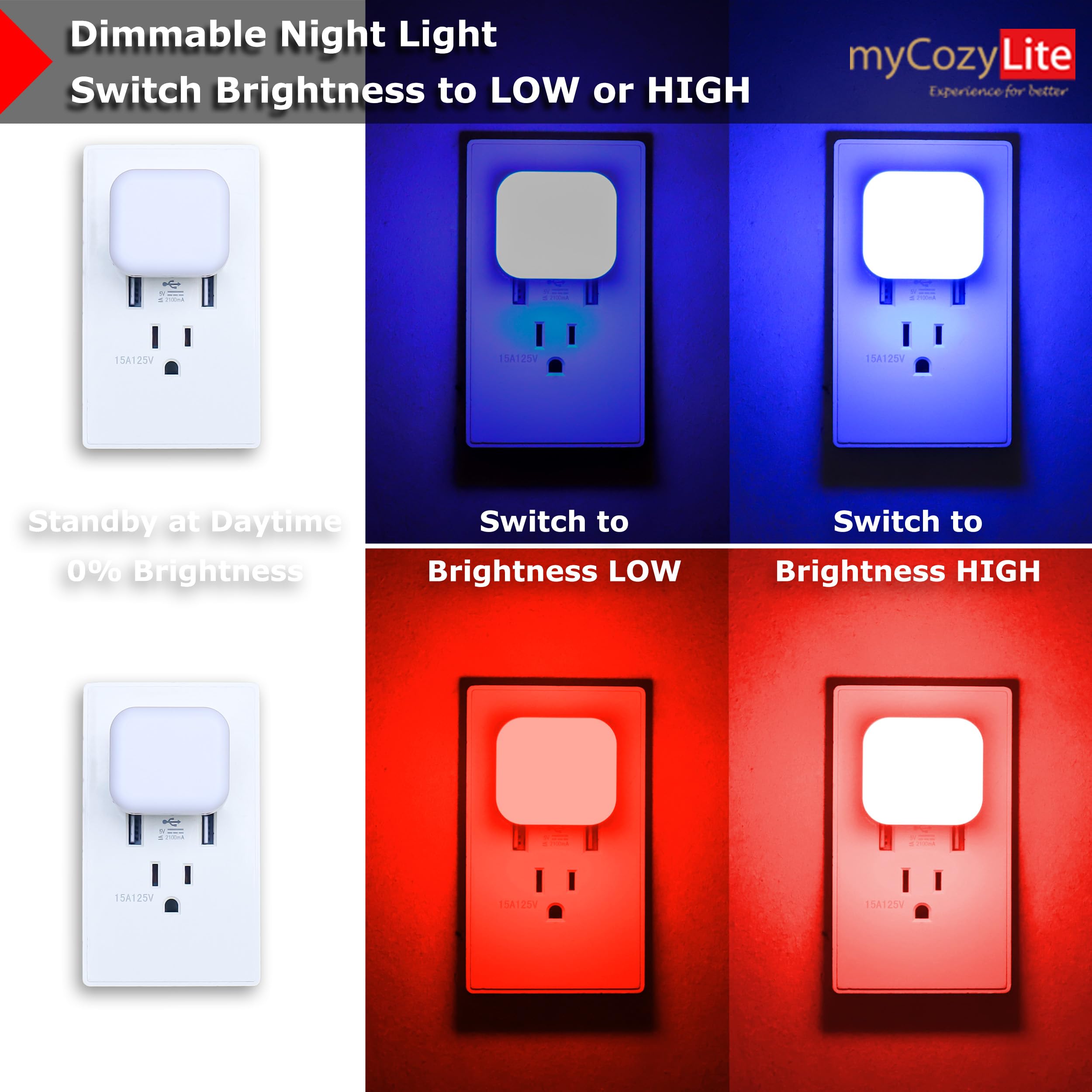 myCozyLite Dual Light Night Light Plug in, Dimmable with Dusk to Dawn Sensor, 4 Pack, Red and Blue, Model M1806