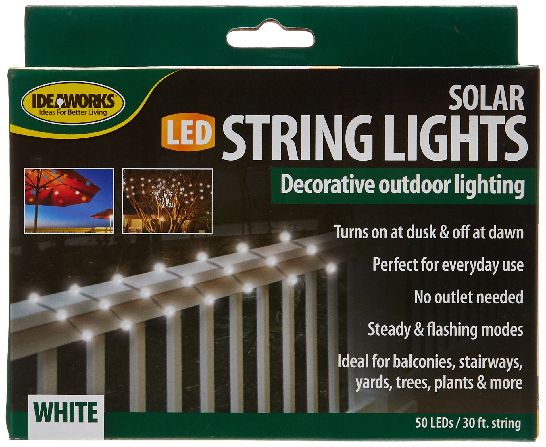 IdeaWorks Solar String Lights, 50 Decorative White Lights, 6.7in x 5.60in x 2.50in, Model JB7839WHI, Plastic