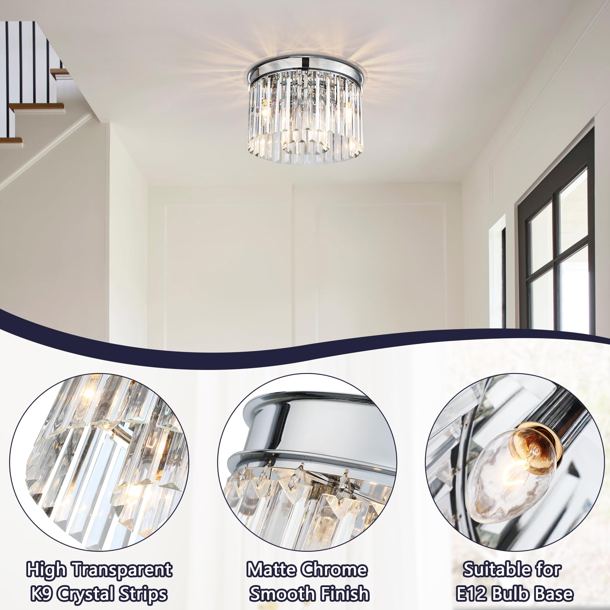Klklch Chrome Ceiling Light Fixture,12 Inch Flush Mount Ceiling Light,Modern 3 Lights Crystal Chandelier Lighting For Living Roo