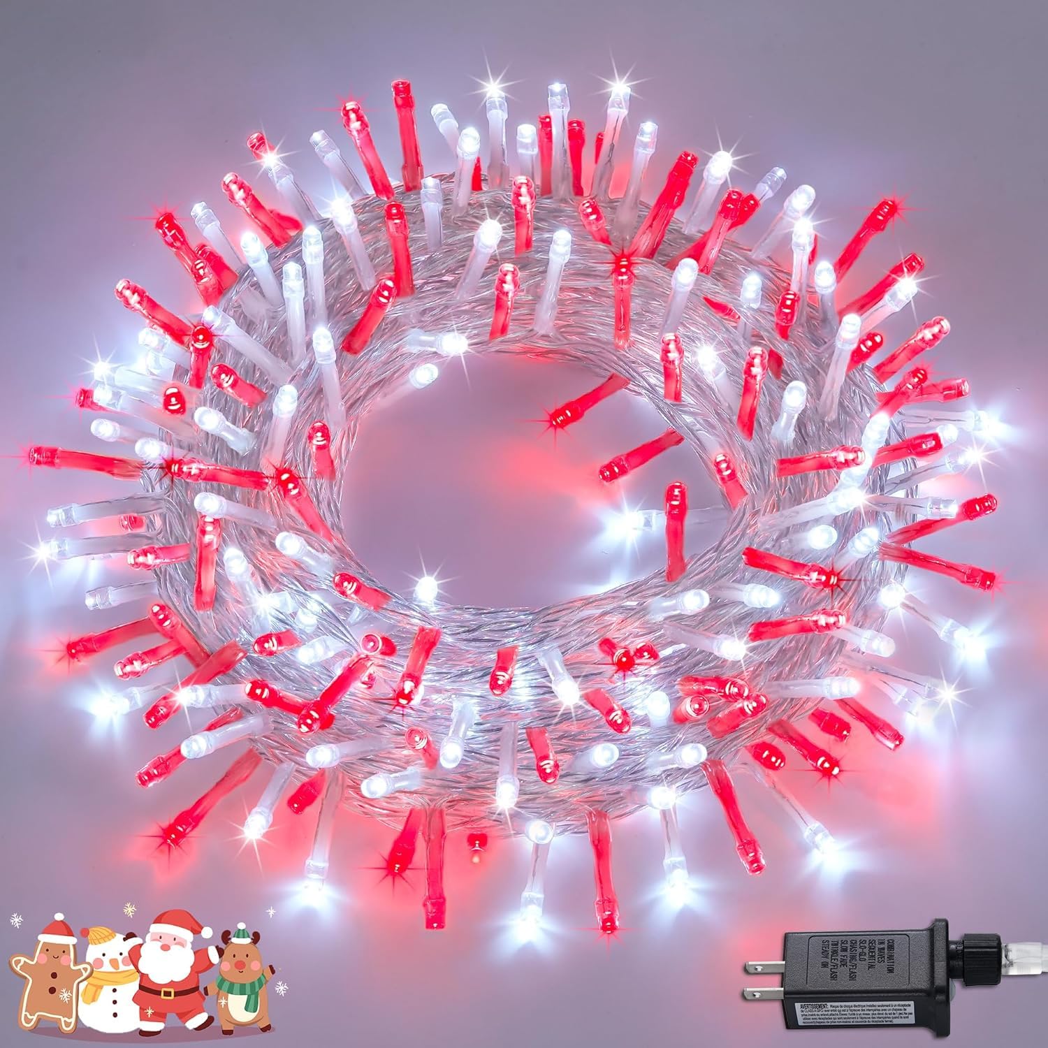 LED String Lights for Outside - 200 Red and White Christmas Lights Indoor Clear Wire, 8 Modes 66ft Extendable Fairy Lights Plug 