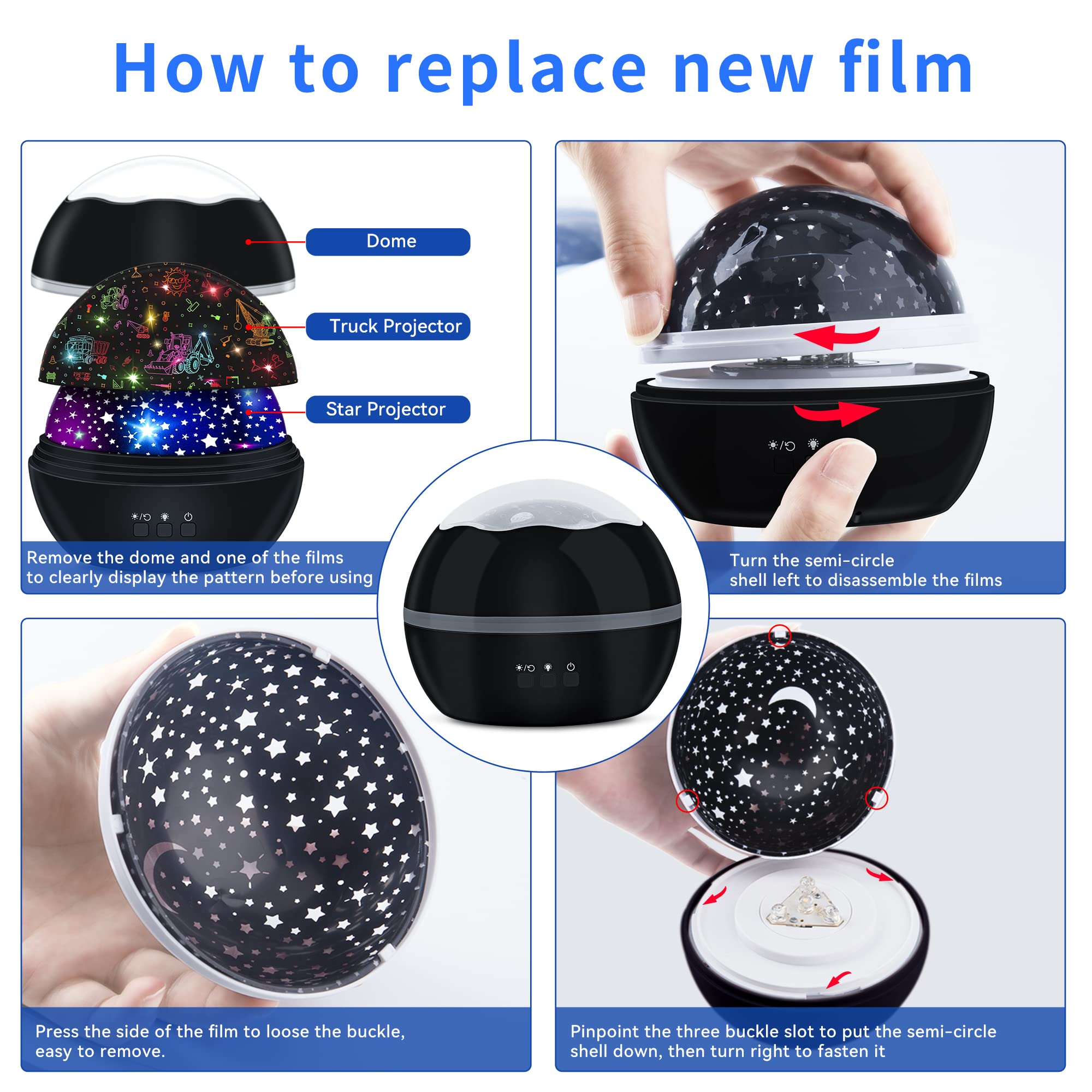 Vanshinieer Night Light Projector For Kids Truck Toys For Boys, 360 Degree Rotation Baby Night Lights With Car And Star Theme, Birthday Party Festival Decor(Black)