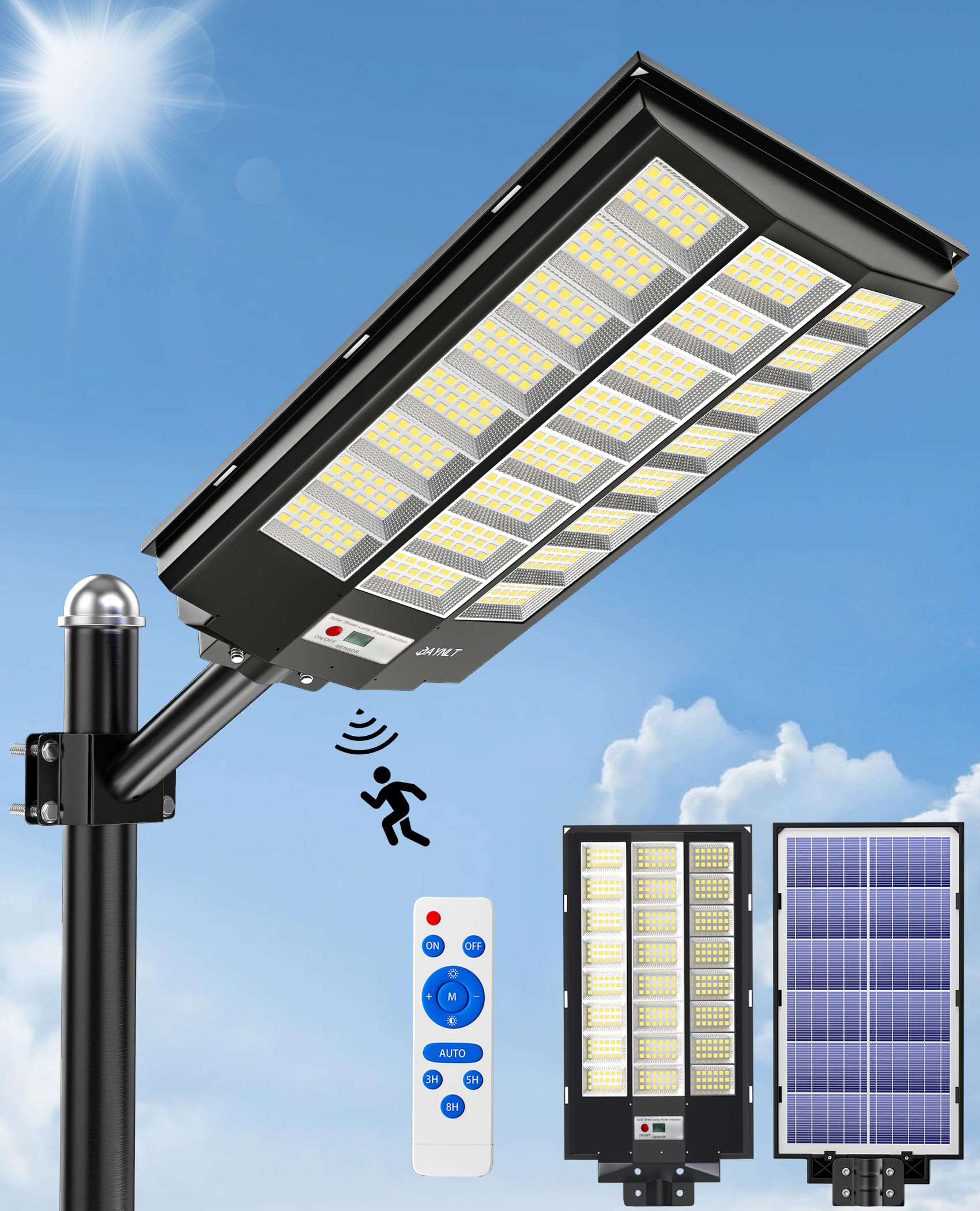 JAYNLT Solar Street Lights Y-8600W, 6500K Motion Sensor Flood Light, Outdoor, Black, 1 Pack