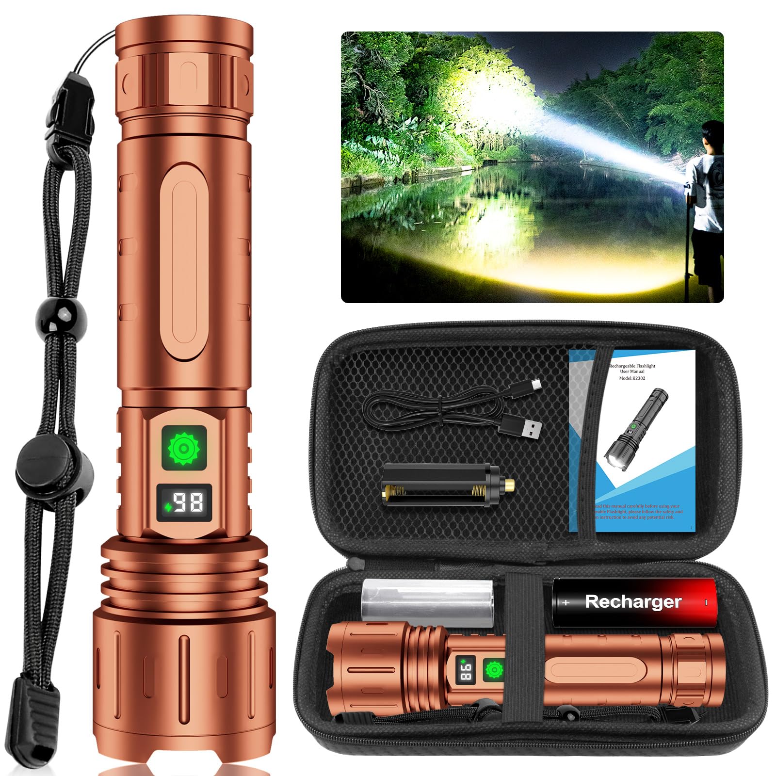 Flashlights High Lumens Rechargeable, 100000 Lumens Super Bright LED Powerful Flashlight, Type-C, 5 Modes, Zoomable, IPX5 Waterp