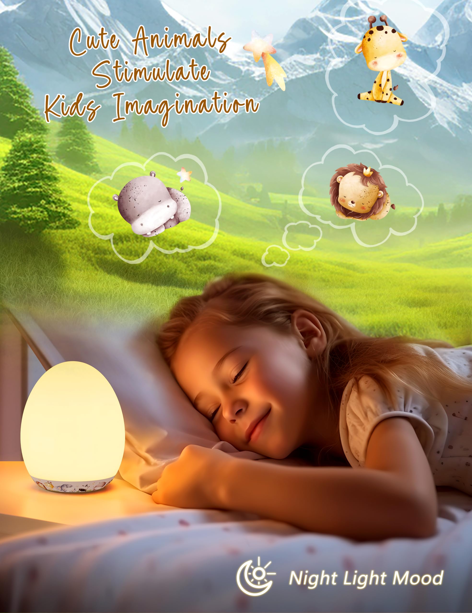 MediAcous Night Light for Kids, Rechargeable LED Touch Lamp, 7 Colors, Portable, Cartoon Design, Model NL01, Silicone, Nursery Decor