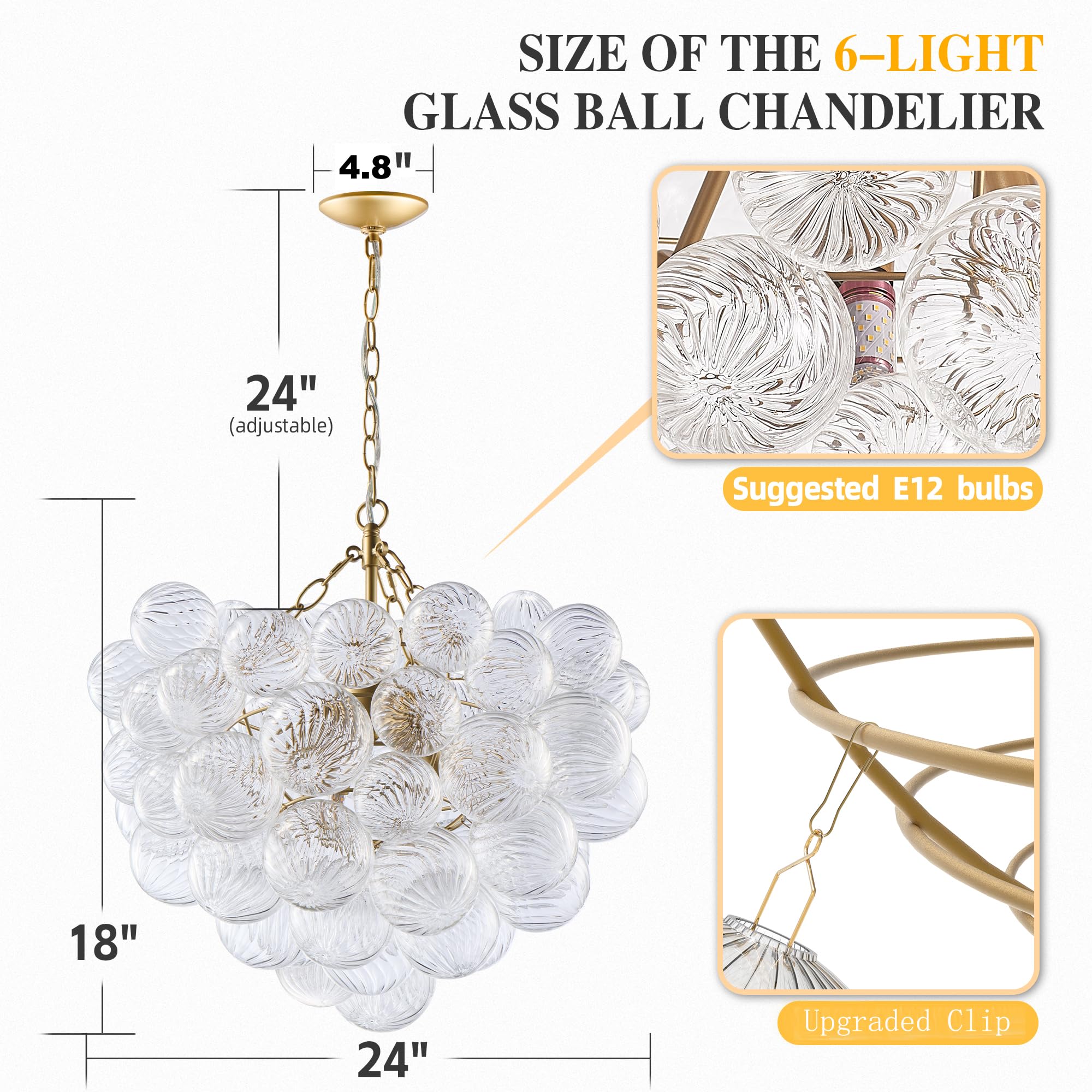 BeyPan Bubble Glass Chandelier Pendant Light Fixture, 24in Round Ribbed Globe, Clear Blown Glass, Model LR1506