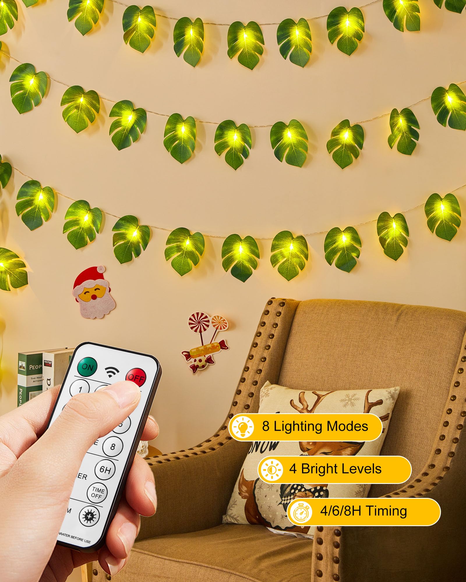 Minetom Monstera Leaf String Lights - 20 LED Battery Operated with Remote Control, Tropical Greenery for Hawaiian Theme Party Decor