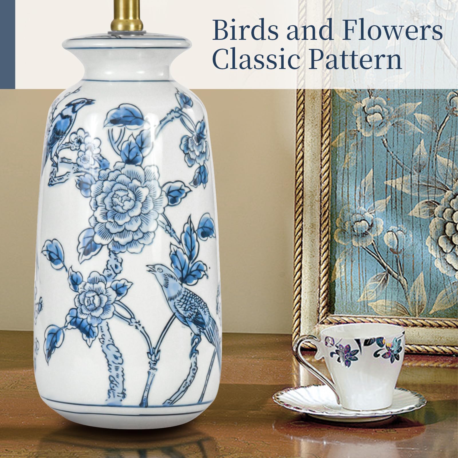 EUO Blue Ceramic Table Lamp - 24.25" Traditional Design with Blue Birds & Flowers for Living Room, End Table, Nightstand - Model TL-203-BU