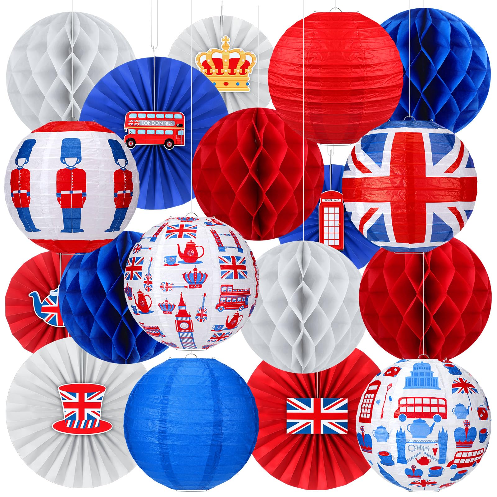 Retisee 18 Pcs British Party Decorations Britain UK England Flag Hanging Paper Lanterns Red White Blue Honeycomb Fans Honeycomb 