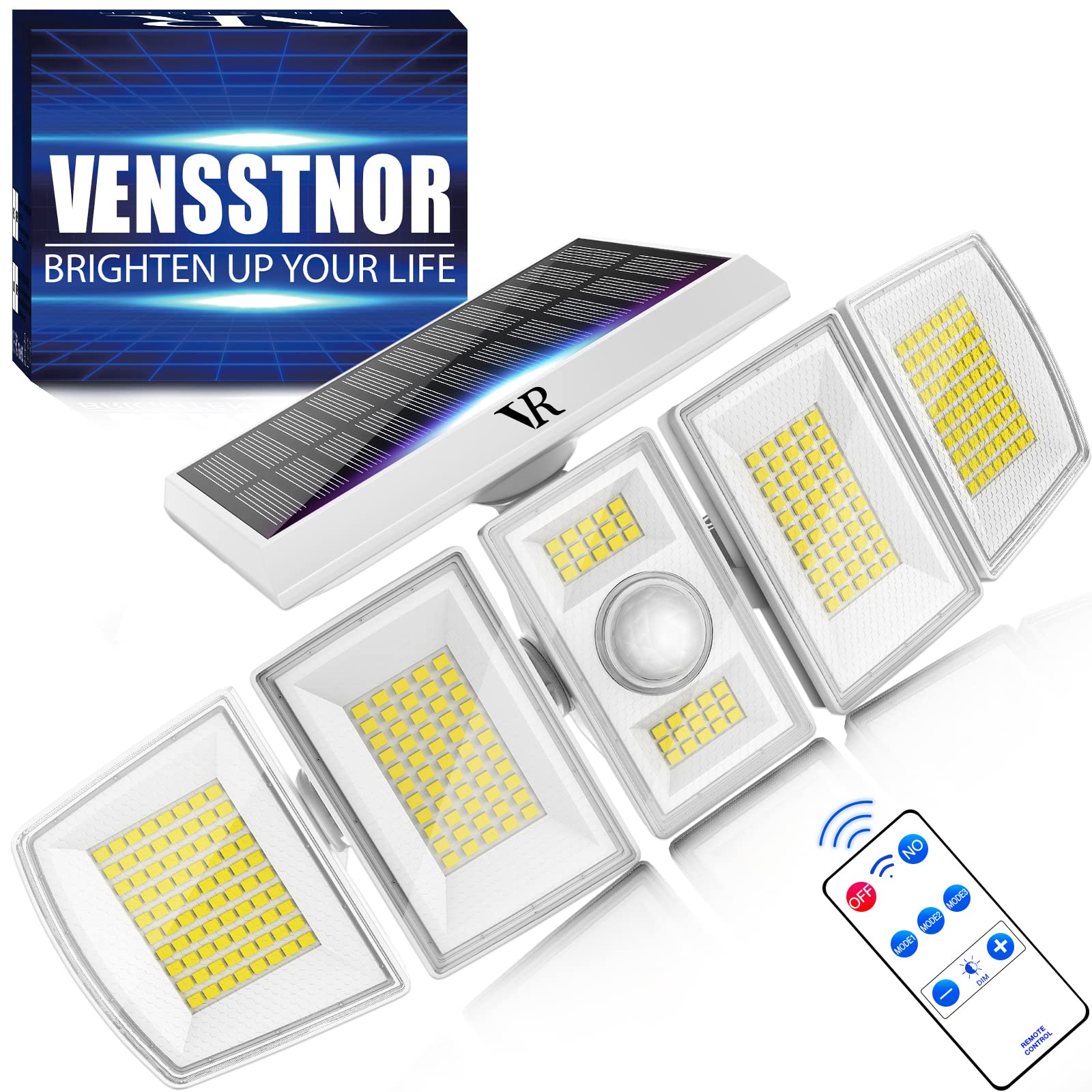 VENSSTNOR Solar Flood Lights - 7000K, 3000LM, 5 Levels Brightness, 3 Lighting Modes, 2400mAh, IP65 Waterproof, White,