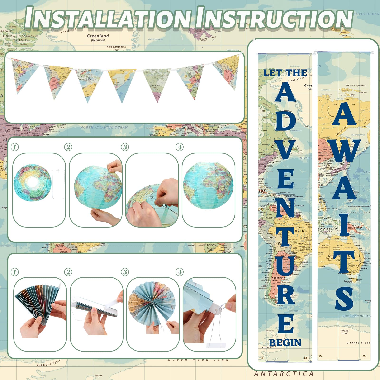 20 Pcs Globe Map Classroom Decorations Travel Party Decors Hanging Paper Lantern Fans Adventure Awaits Bulletin Board Around The