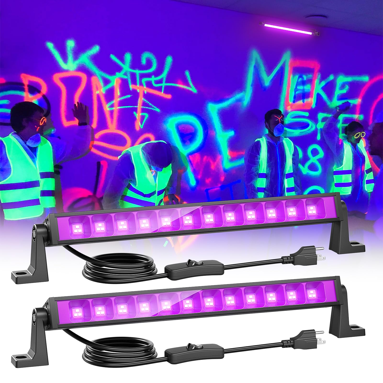 42W Led Black Light Bar, 36 Leds Blacklight Flood Light With Plug And Switch, Light Up 24X24Ft Area, Glow Lights For Halloween Party, Bedroom, Stage Lighting, Fluorescent Poster, 2 Pack