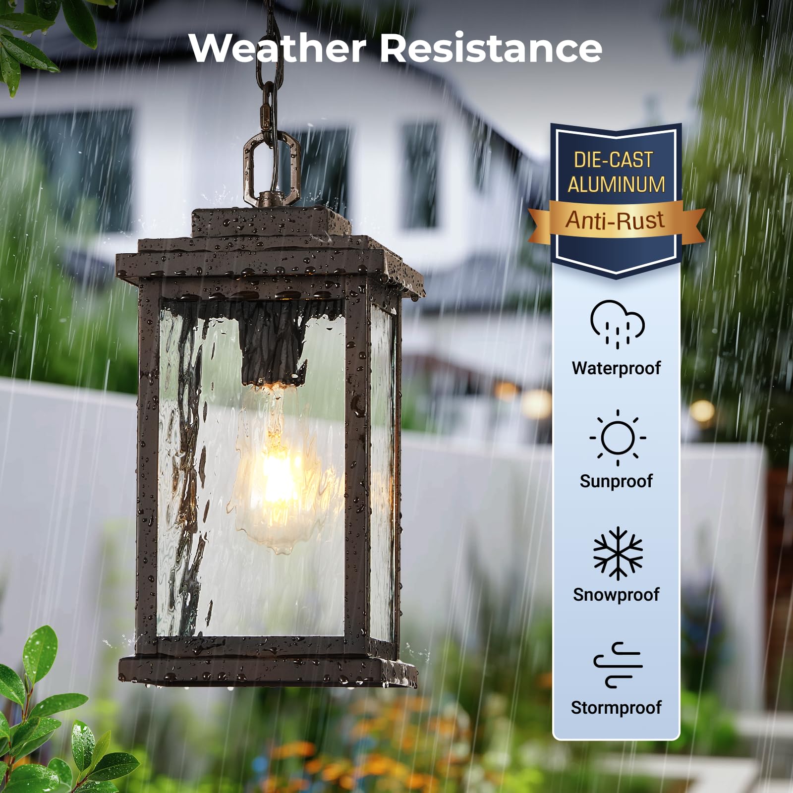 VIANIS Bronze Large Outdoor Pendant Light Fixture, Waterproof Aluminum Lantern with Water Glass, Model V8301M, Easy Installation