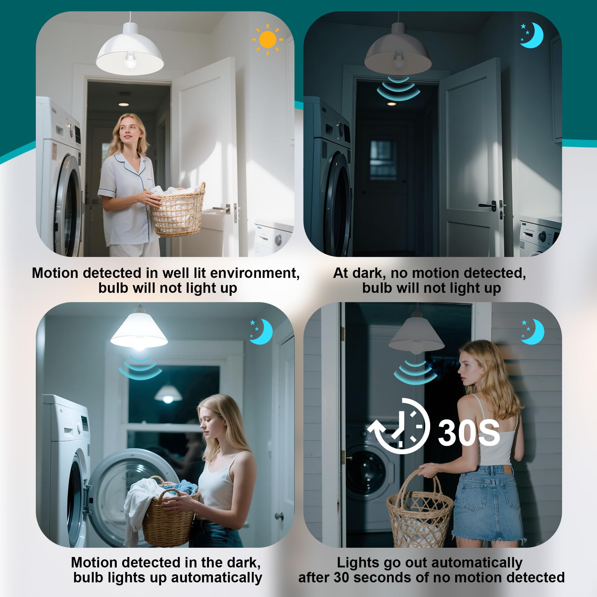 4-Pack Motion Sensor Light Bulbs, 12W(100W Equivalent) E26 A19 Security Led Bulb Outdoor/Indoor, Motion Activated Dusk To Dawn B