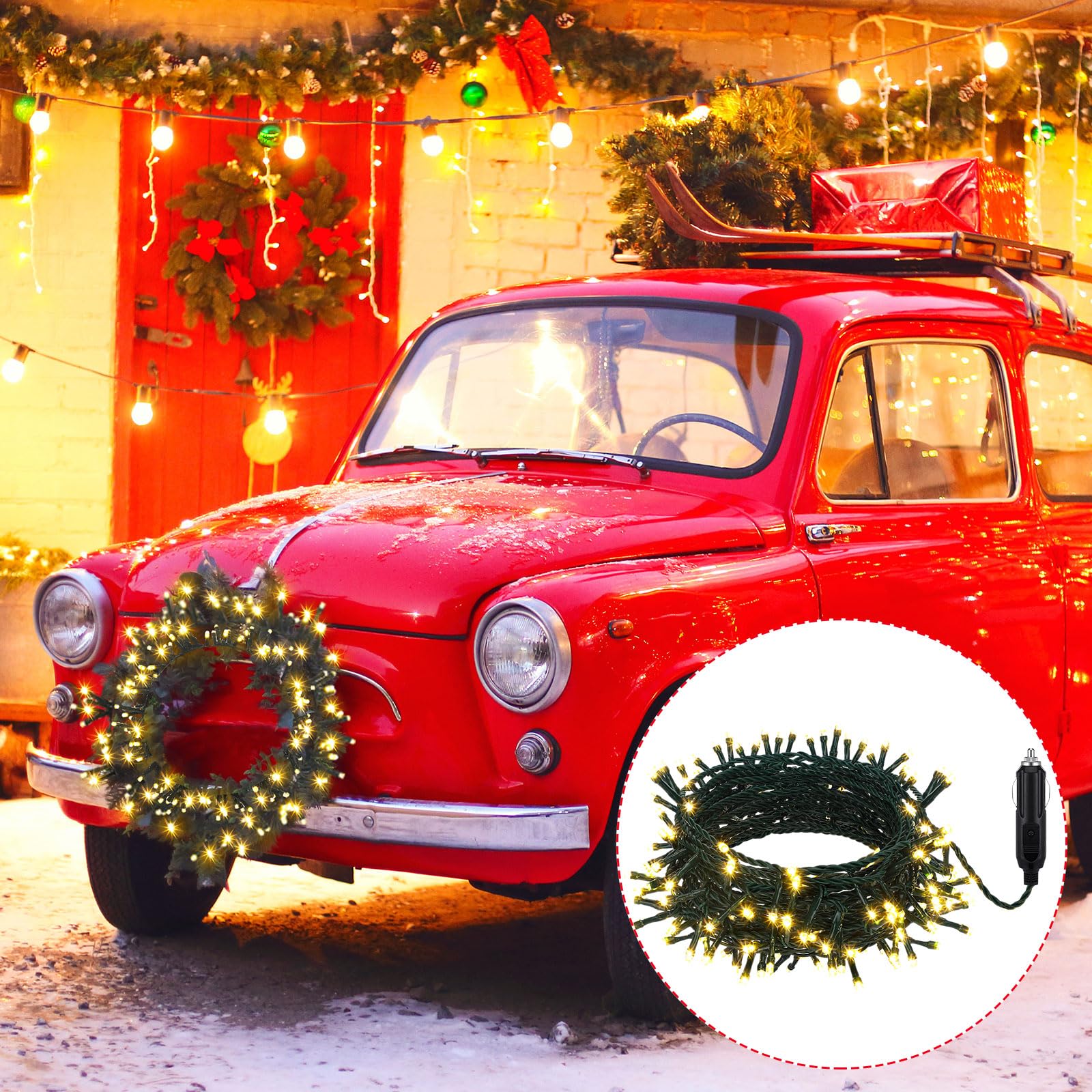 Aurelema 12V LED String Lights - 66 ft, 200 Warm Yellow Waterproof Lights for Christmas Car Decorations, Model MJO-Aurelema-1542