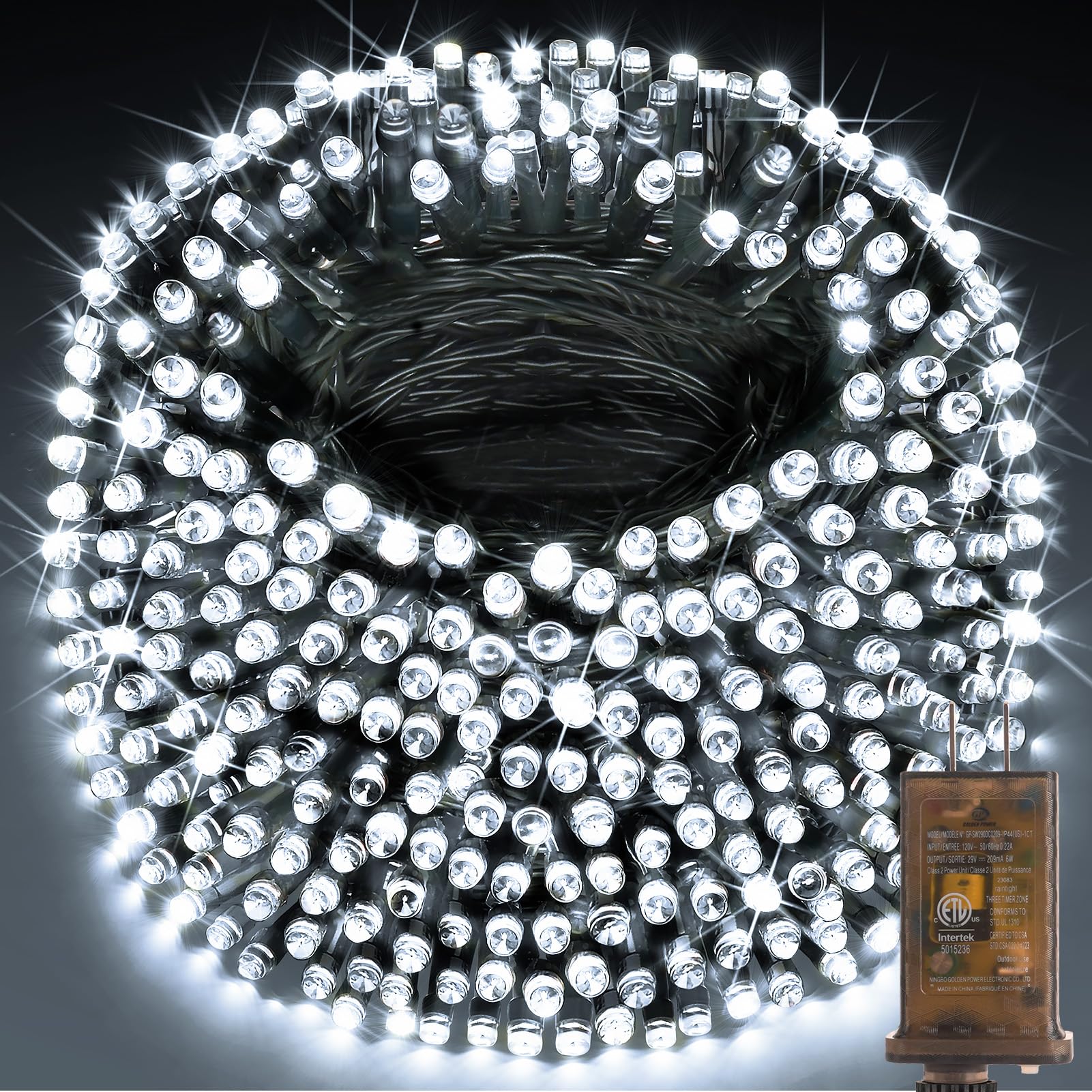 KNONEW 600ft 1500 LED Christmas String Lights Outdoor, Green Wire, Waterproof, 8 Modes, Cool White, Model KN-1000-LIG168-01