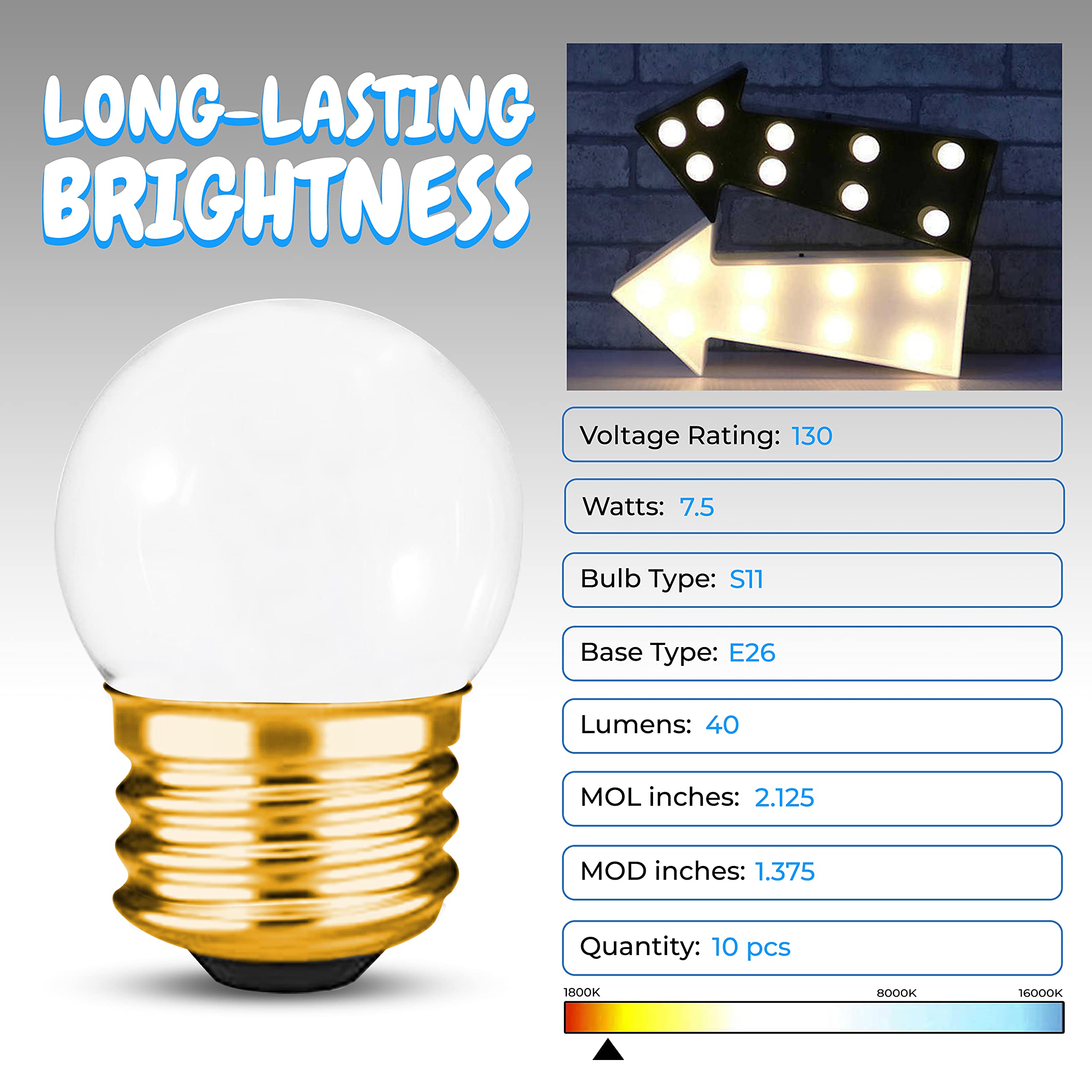Ohlectric 10 Pack - S11 Ceramic White Night Light Bulbs | 7.5W Incandescent Light Bulb With E26 Medium Base | 40 Lumens Brightne
