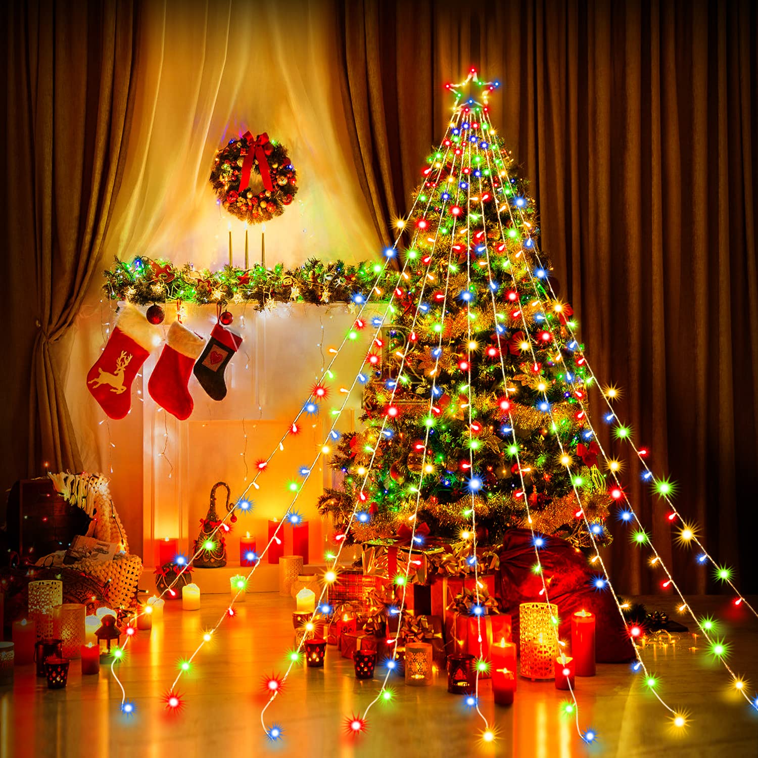Puhong Christmas Decorations Star Lights, 320 Led Christmas Tree Lights Outdoor,16.4Ft String Lights 8 Memory Modes With 14" Lighted Star For Xmas New Year (Iron-Multicolor)