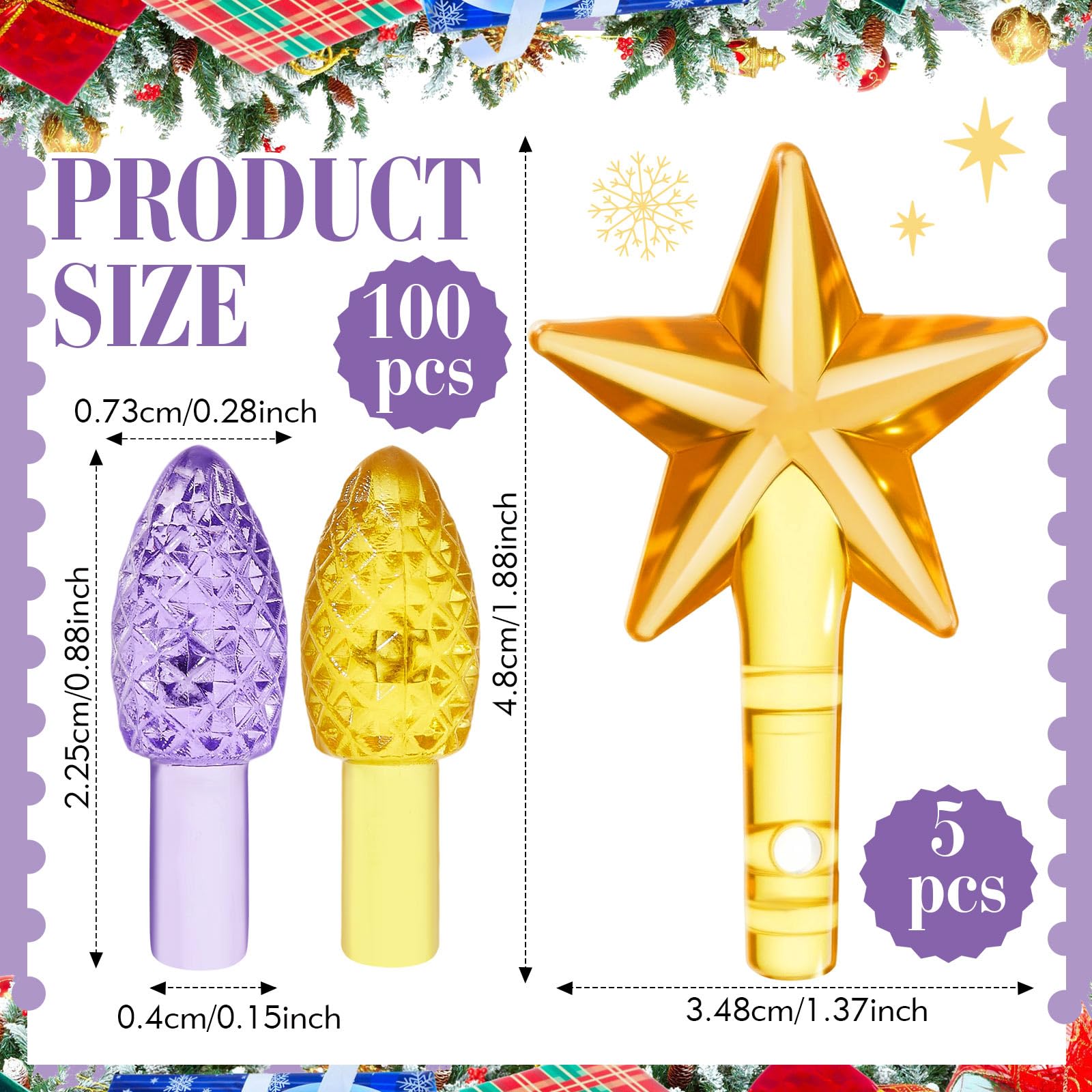 Boao Ceramic Christmas Tree Bulbs - 100 Pieces, 4mm Diameter, Purple and Orange, Includes 5 Stars Replacement Bulbs, Model MA-Boao-5134