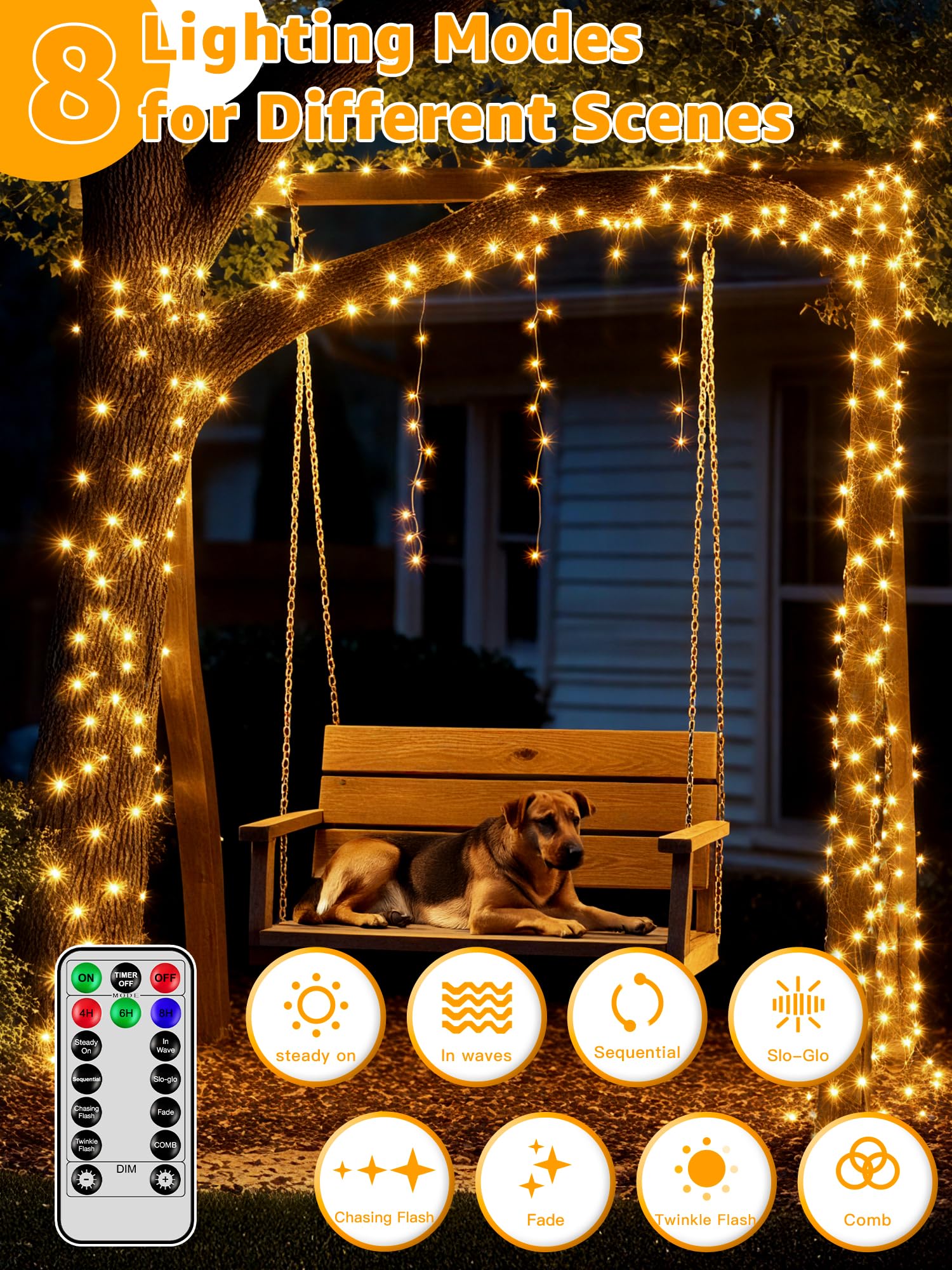 Guhope Outdoor String Lights 1200Led 196Ft, Waterproof String Lights With Remote And Timer, 8 Modes Dimmable Fairy Lights For In
