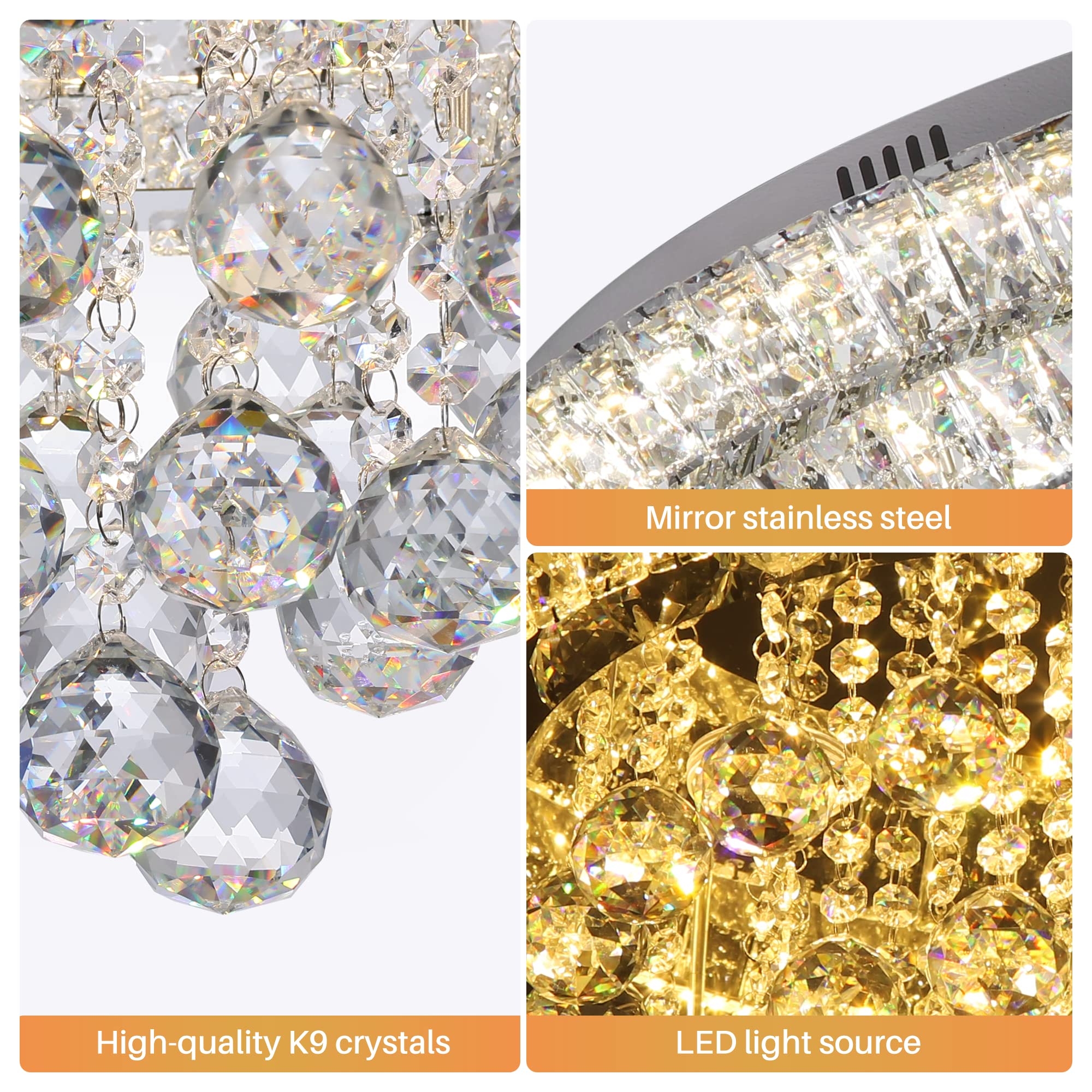 Miuyhji 24" LED Crystal Raindrop Flush Mount Chandelier Light Fixture - Dimmable, Silver, SUS304/K9 Crystal for Living Room, Kitchen, Bedroom